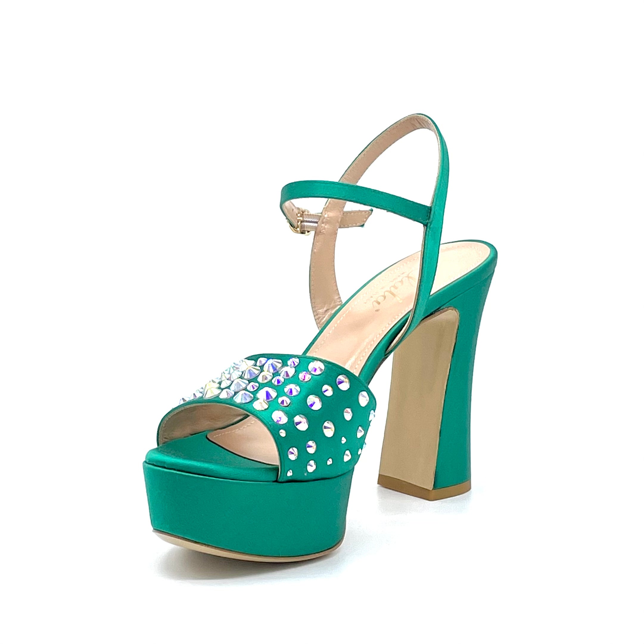 Sandalo in raso di seta verde con applicazione di strass crystal – Cod. 13130-2