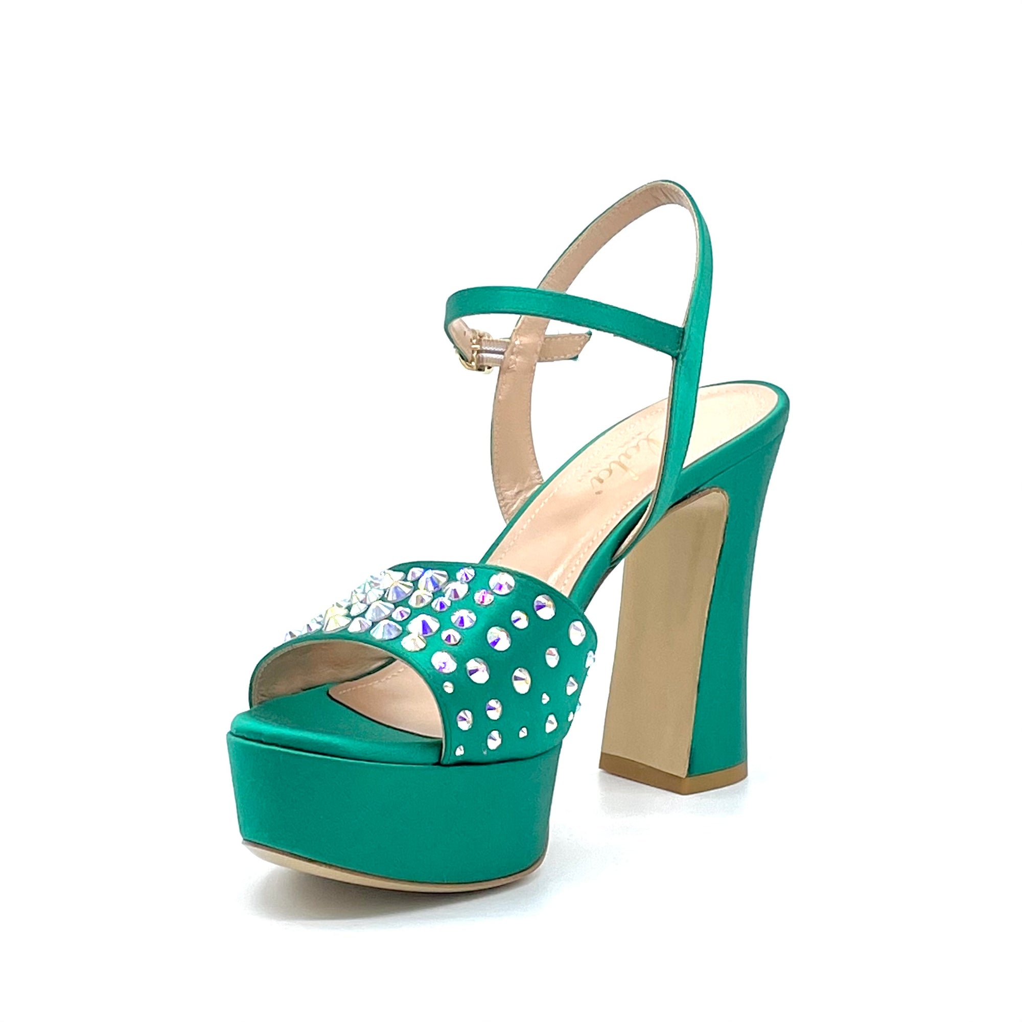 Sandalo in raso di seta verde con applicazione di strass crystal – Cod. 13130-2