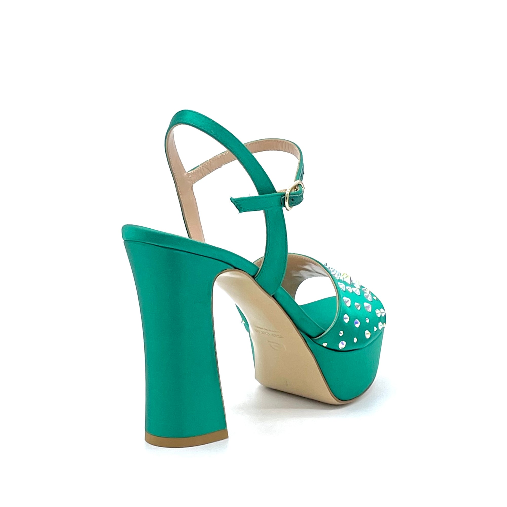 Sandalo in raso di seta verde con applicazione di strass crystal – Cod. 13130-2