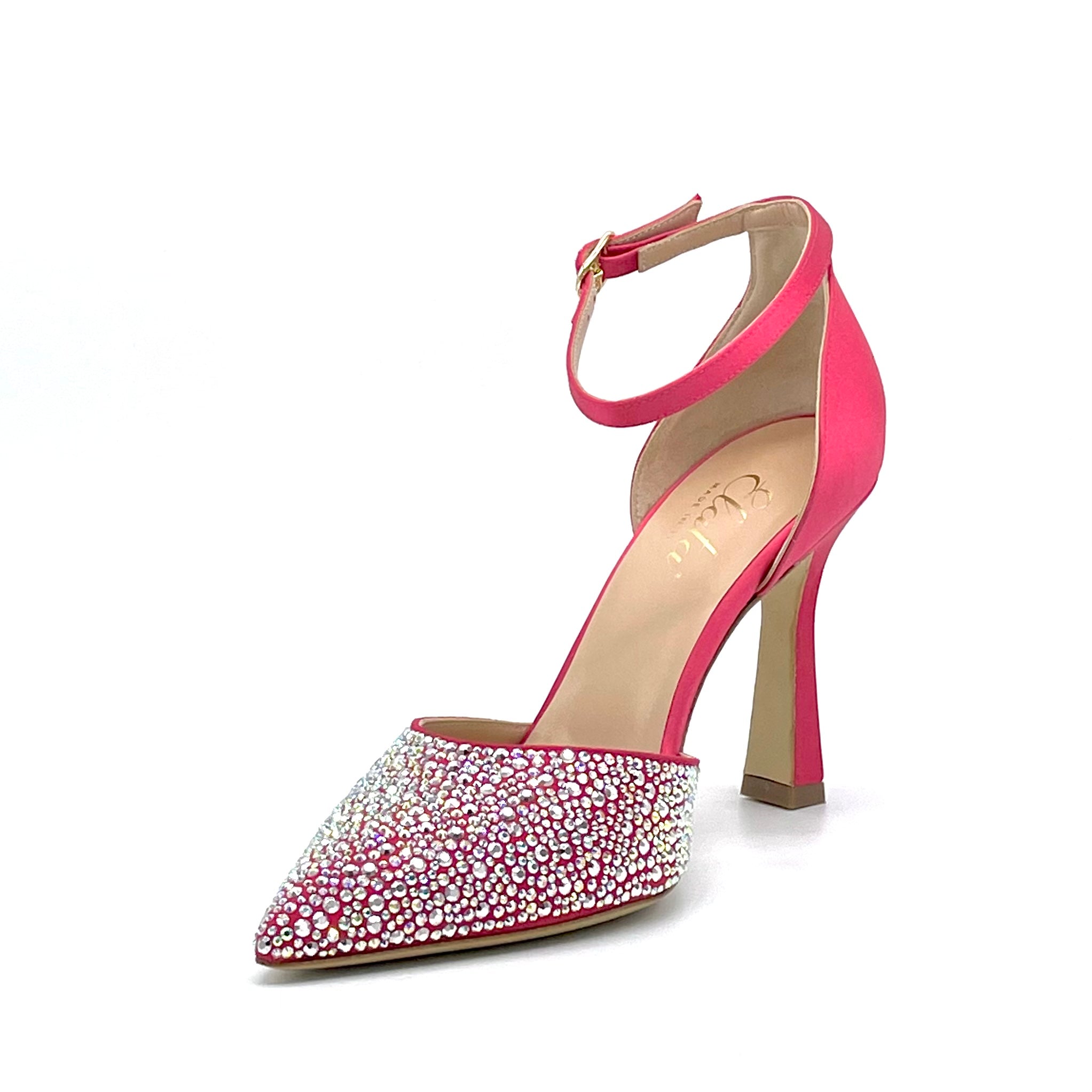 Azalea-colour silk satin and suede D’orsay with rhinestones - Cod. 13145_1