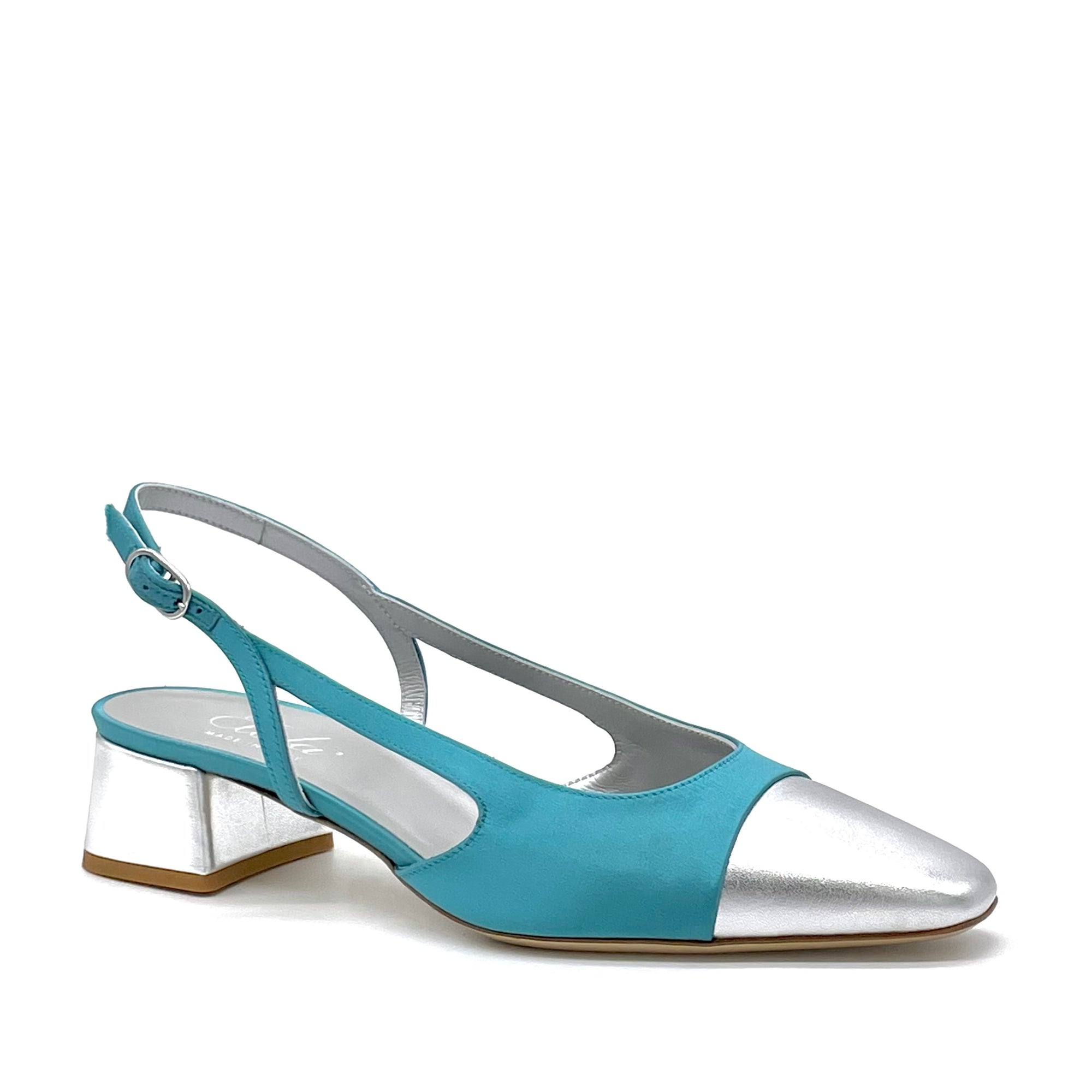 Teal- colour silk satin and silver laminate leather slingback - Cod. 13174
