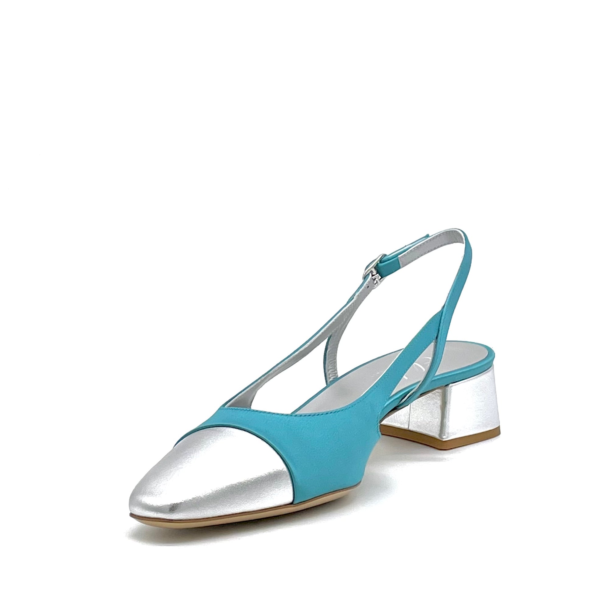 Teal- colour silk satin and silver laminate leather slingback - Cod. 13174
