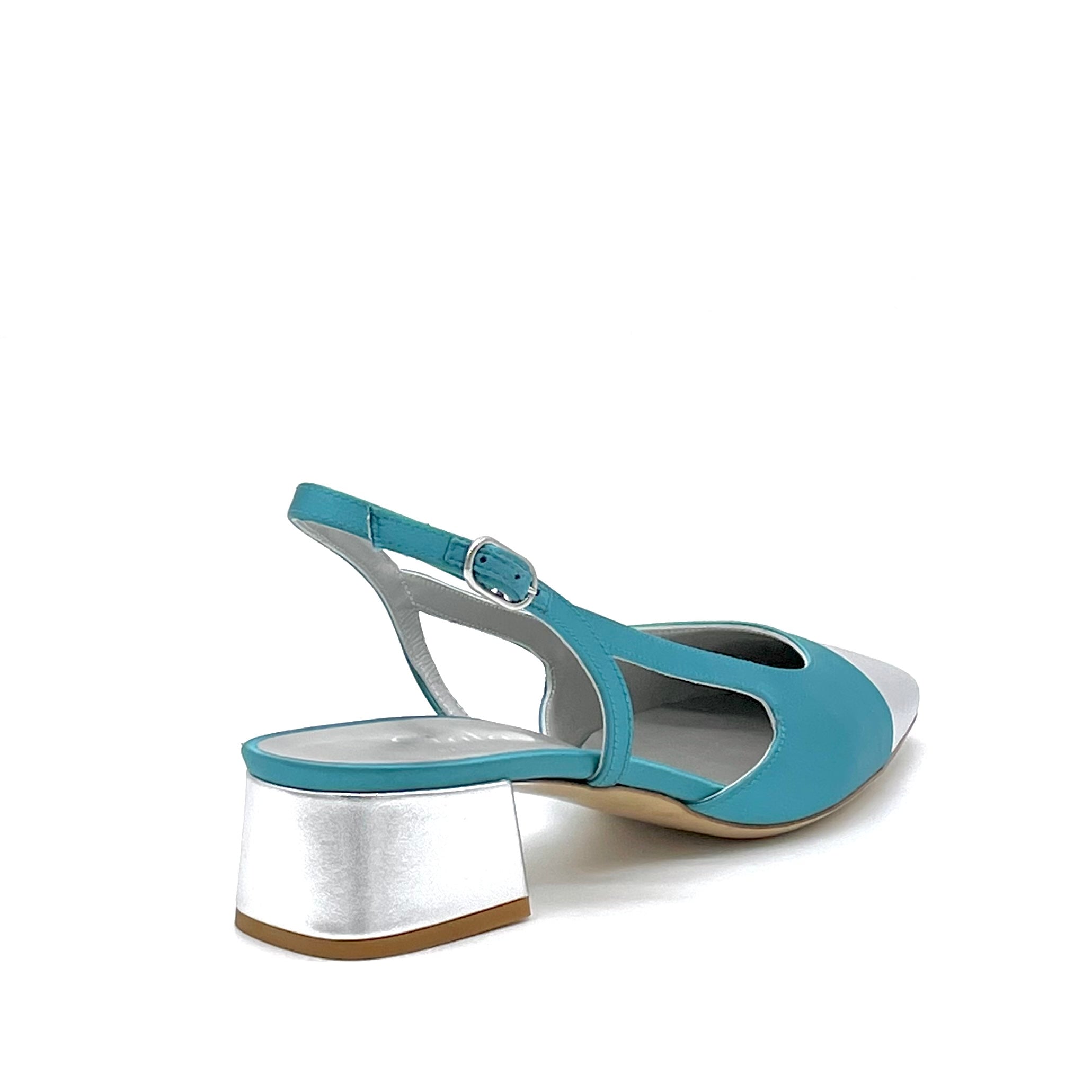 Slingback in raso di seta ottanio e pelle laminata argento - Cod. 13174