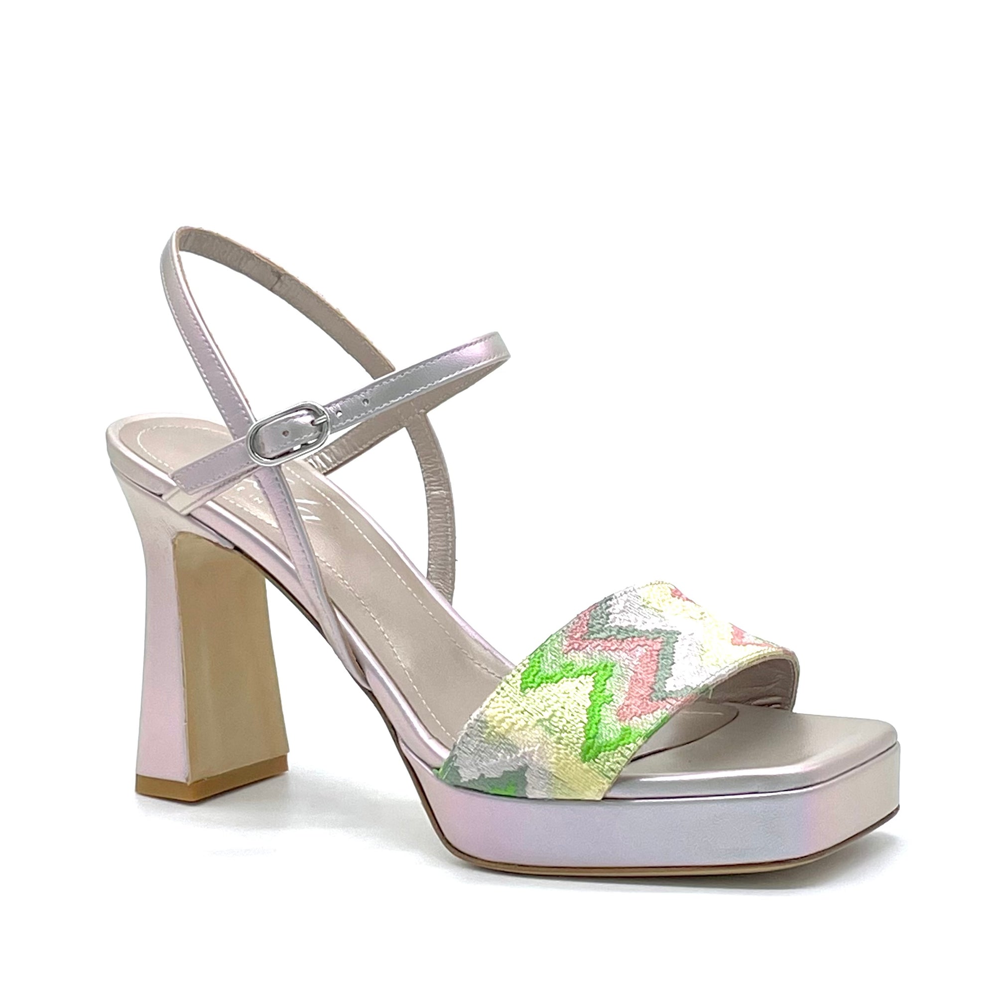 Sandalo in pelle cangiante ostrica e tessuto multicolor - Cod. 13126