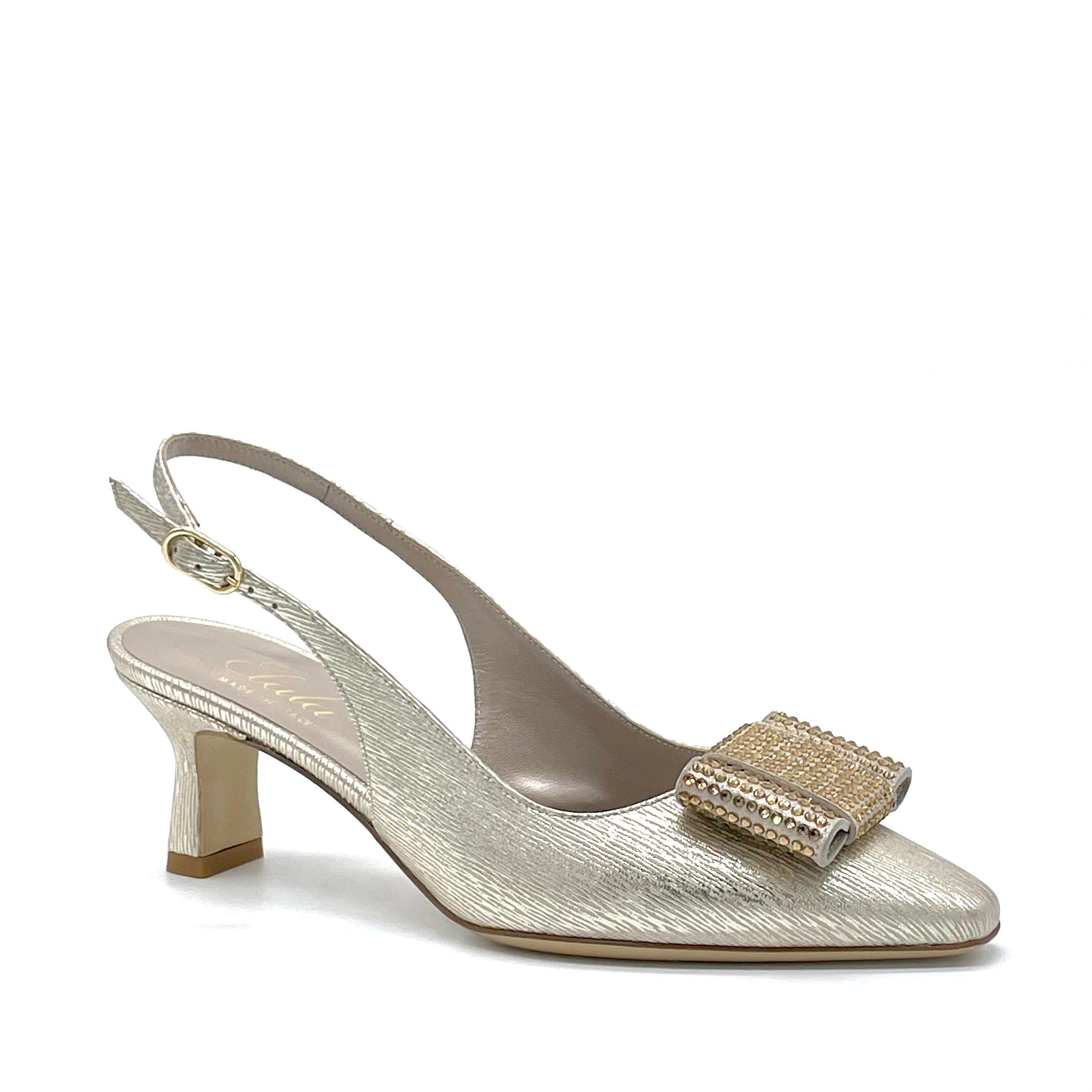 Slingback in pelle laminata oro con fiocco di strass – Cod. 13162