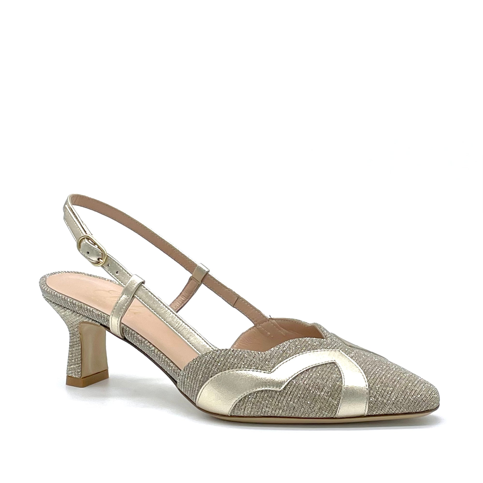Slingback in pelle e tessuto laminato oro – Cod. 13166