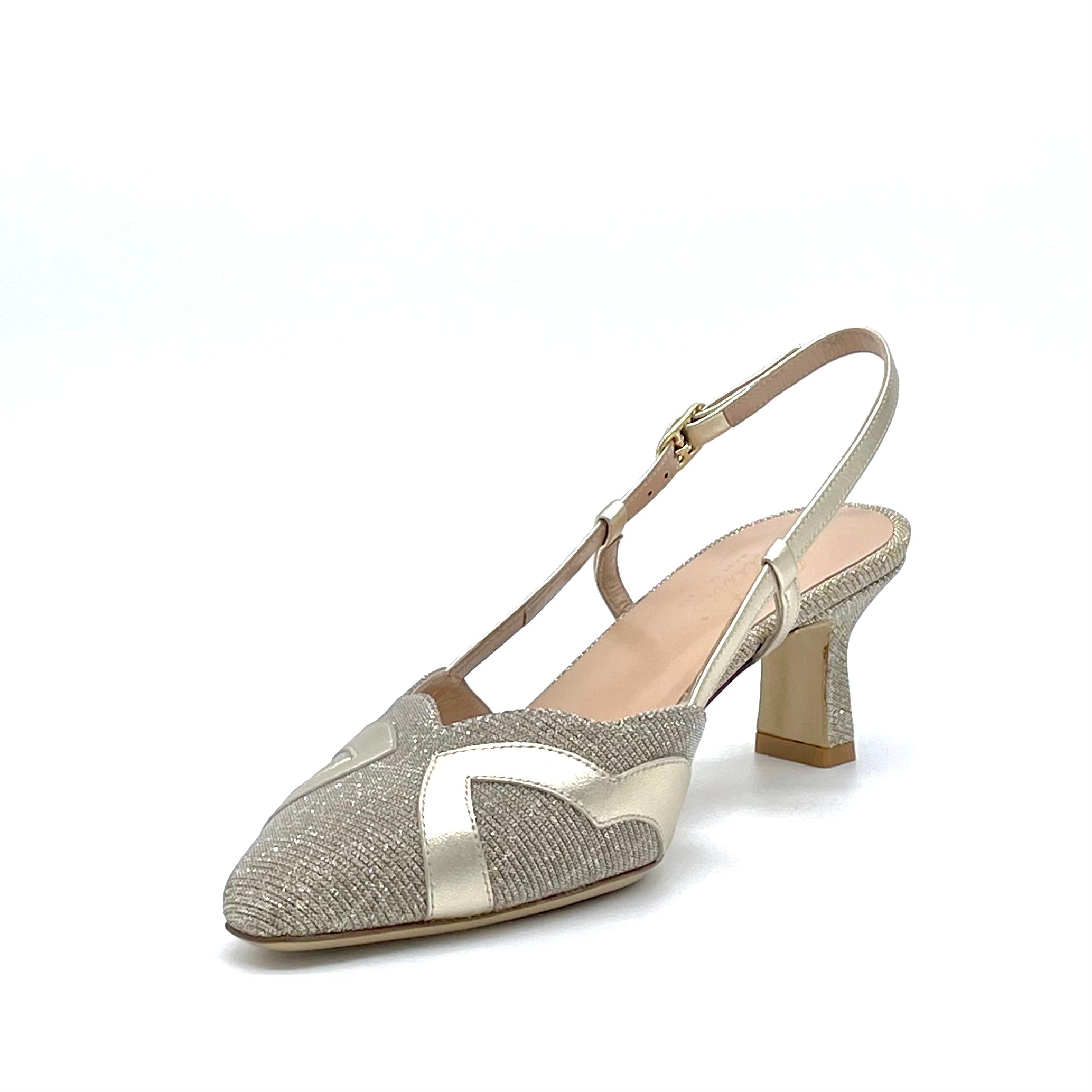 Slingback in pelle e tessuto laminato oro – Cod. 13166