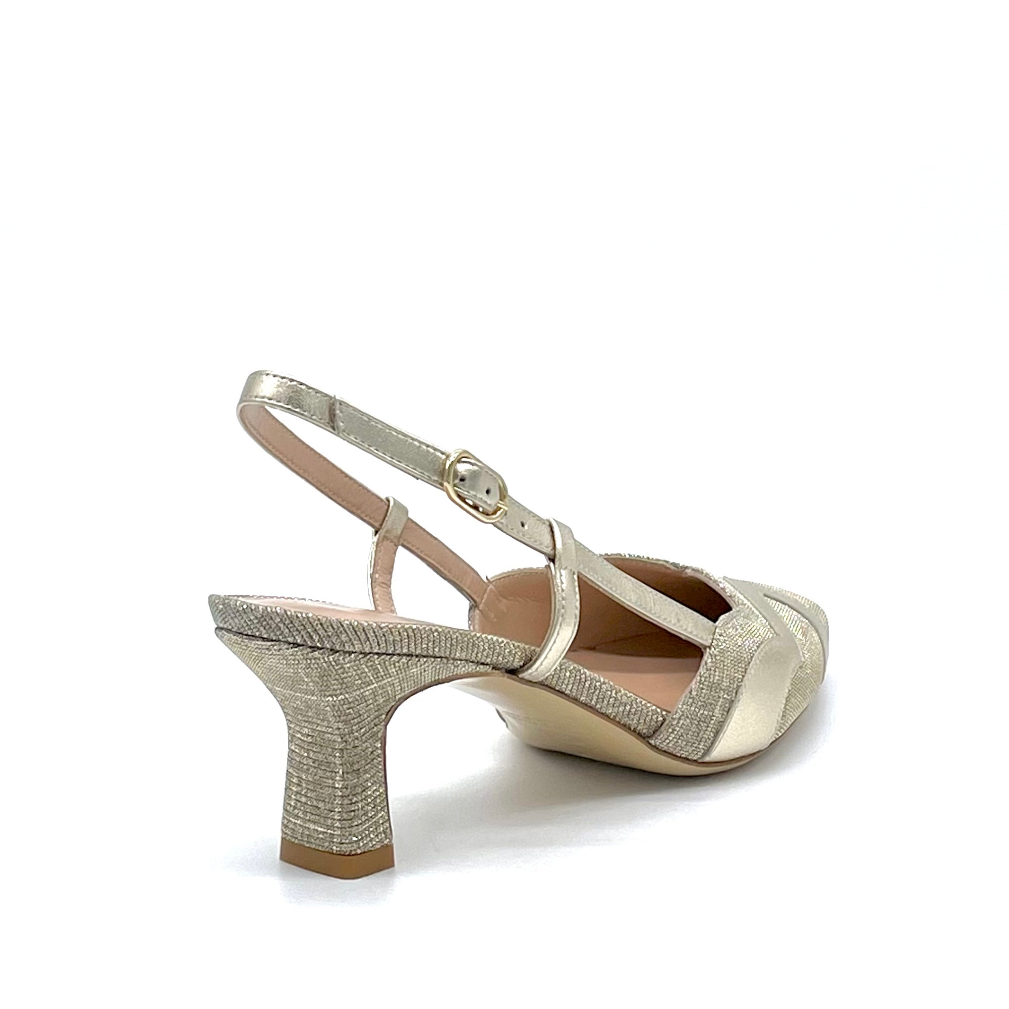 Slingback in pelle e tessuto laminato oro – Cod. 13166