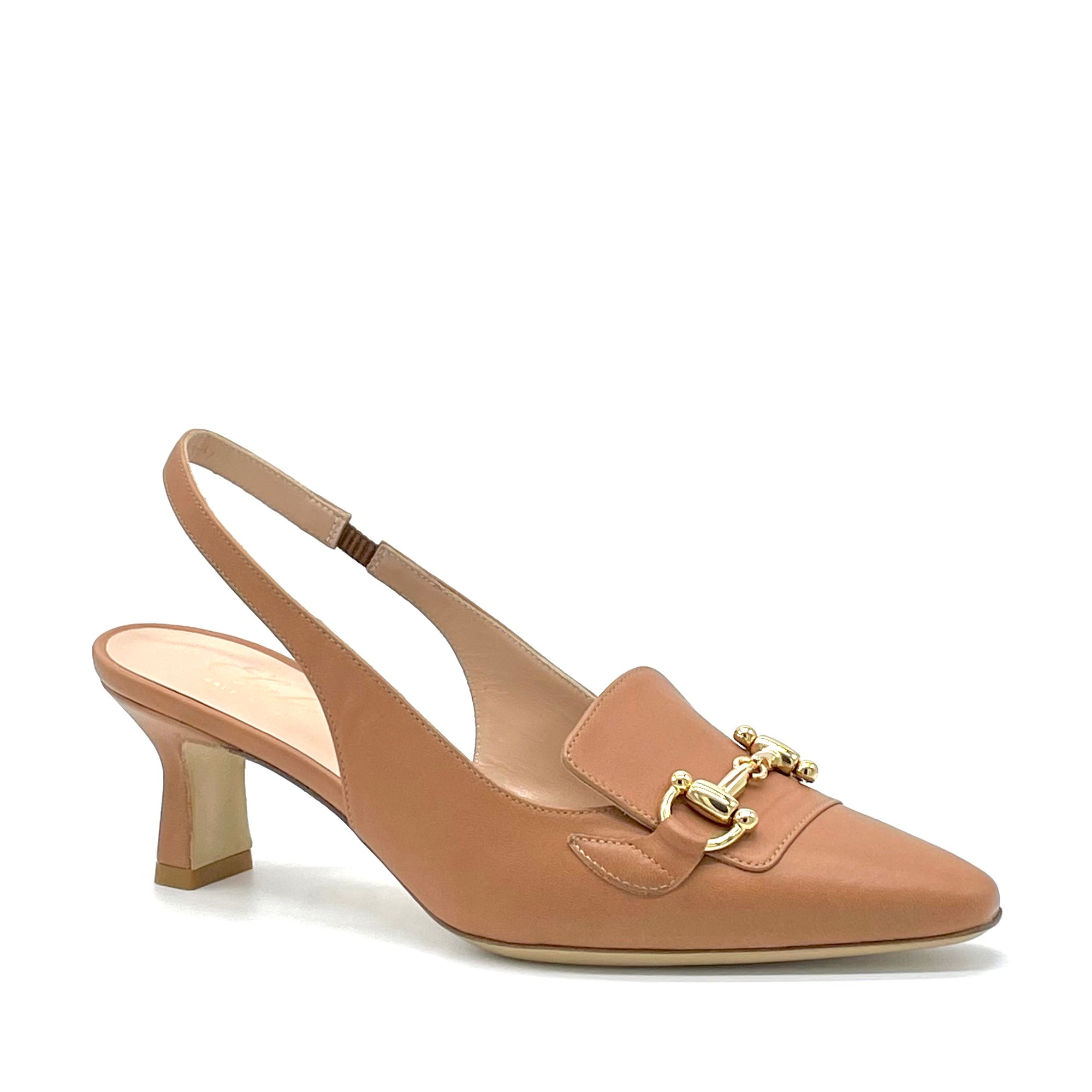 Light brown leather slingback with golden clamp – Cod. 13170