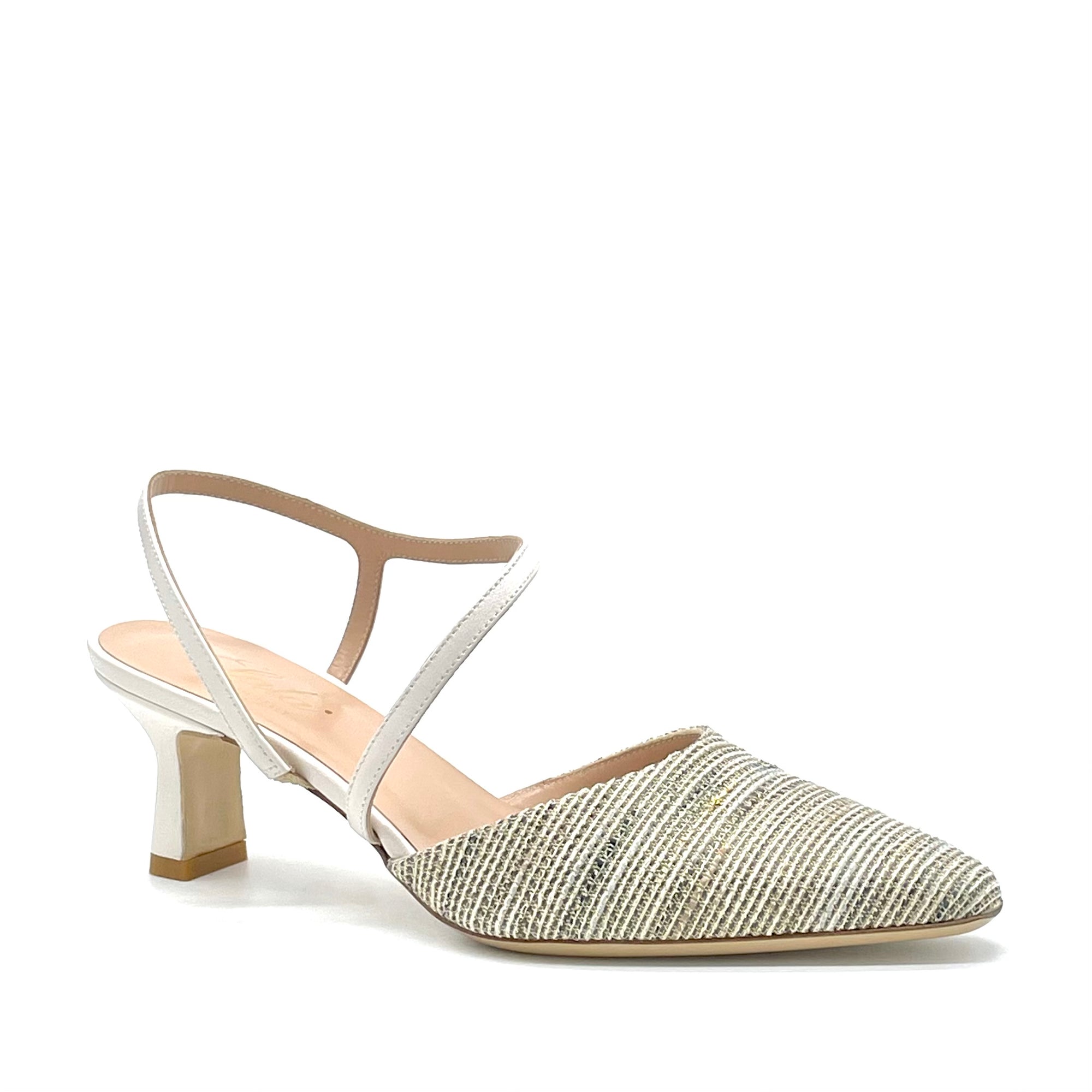 Butter-coloured leather and multicolour fabric slingback – Cod. 13171