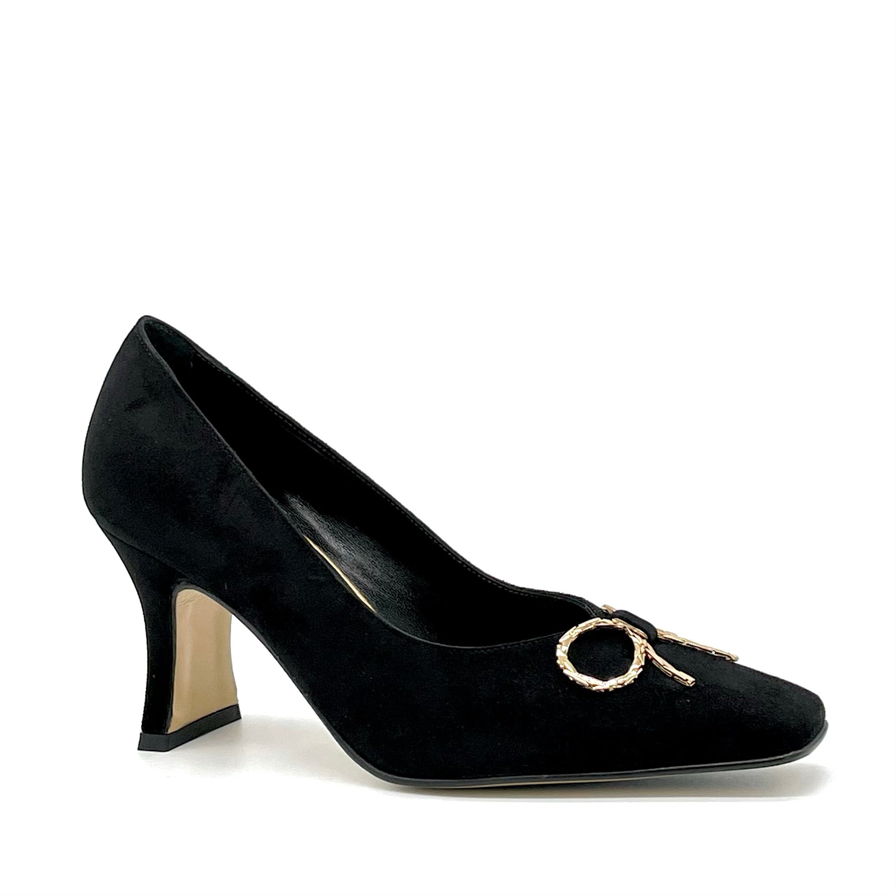 Black suede pumps with gold metal bow accessory – Cod. 53501