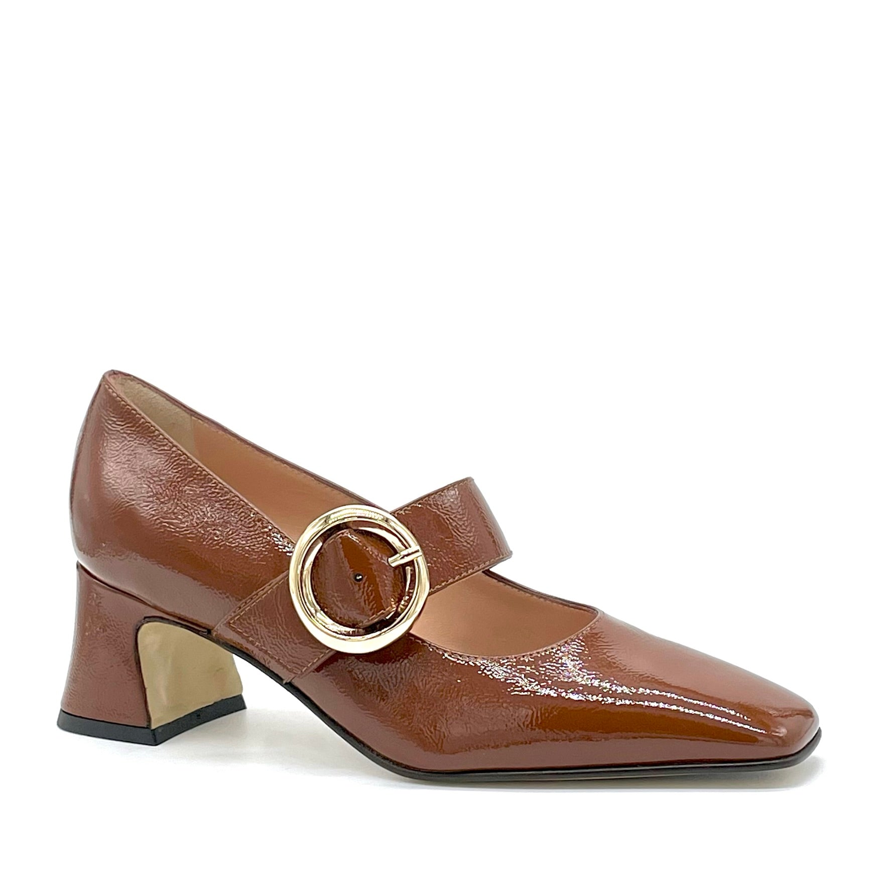 Mary Jane in vernice effetto stropicciato marrone con fibbia in metallo oro – Cod. 53509