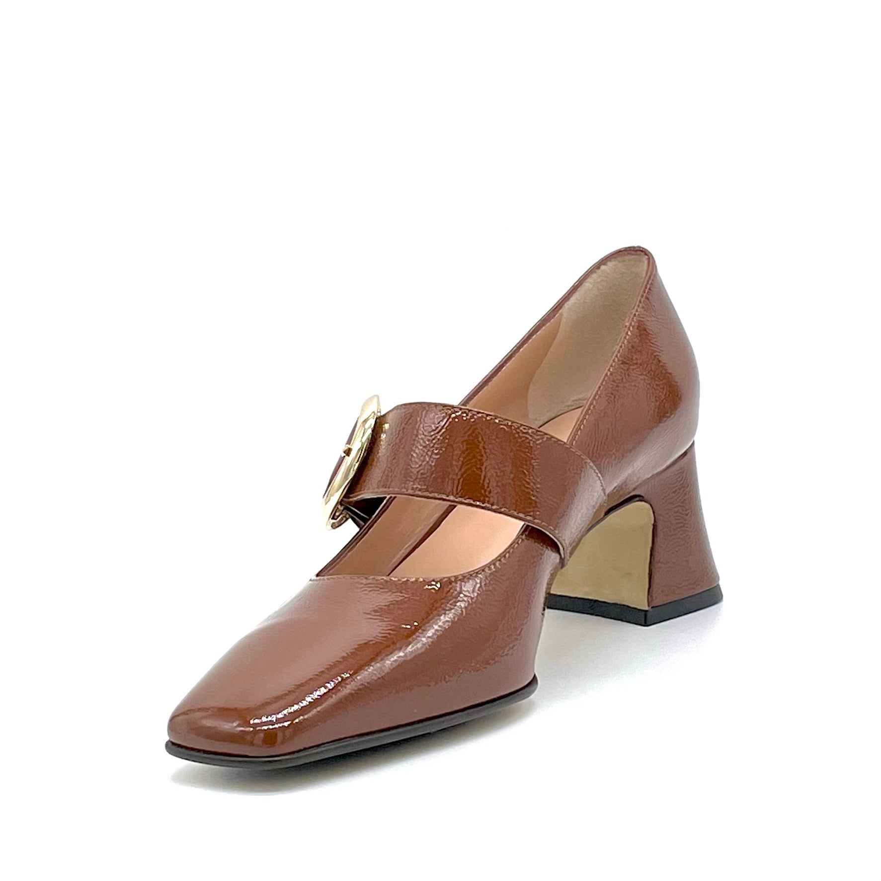Mary Jane in vernice effetto stropicciato marrone con fibbia in metallo oro – Cod. 53509