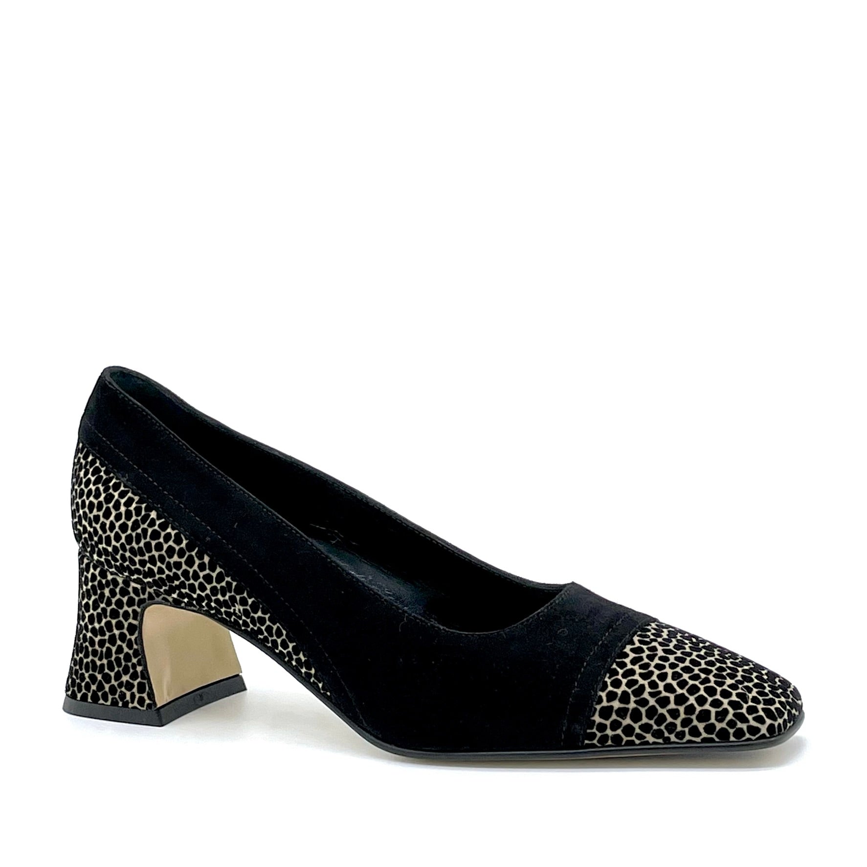 Décolleté in camoscio nero e camoscio stampato beige e nero – Cod. 53510