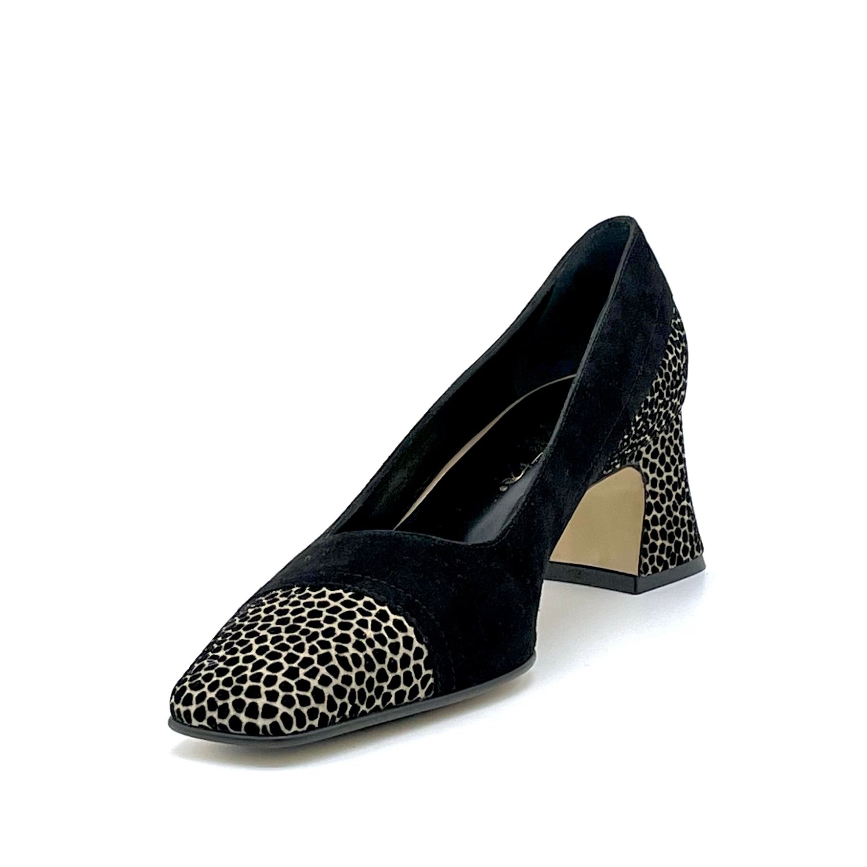 Décolleté in camoscio nero e camoscio stampato beige e nero – Cod. 53510