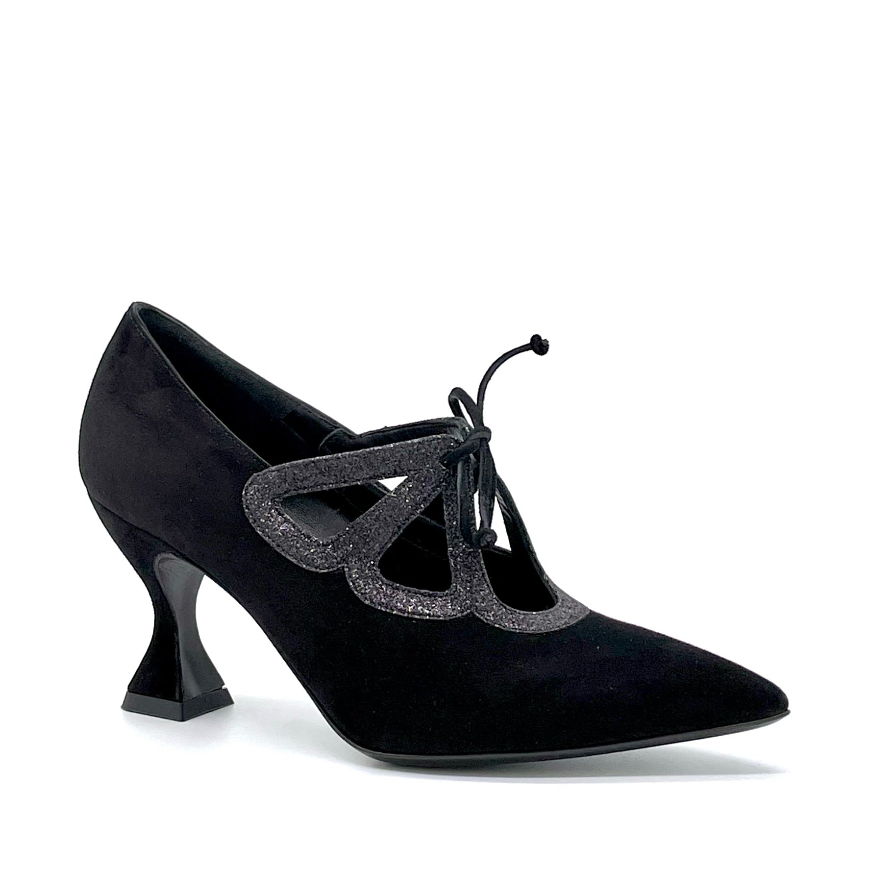 Black suede and glitter pump with black suede ribbon – Cod. 53516