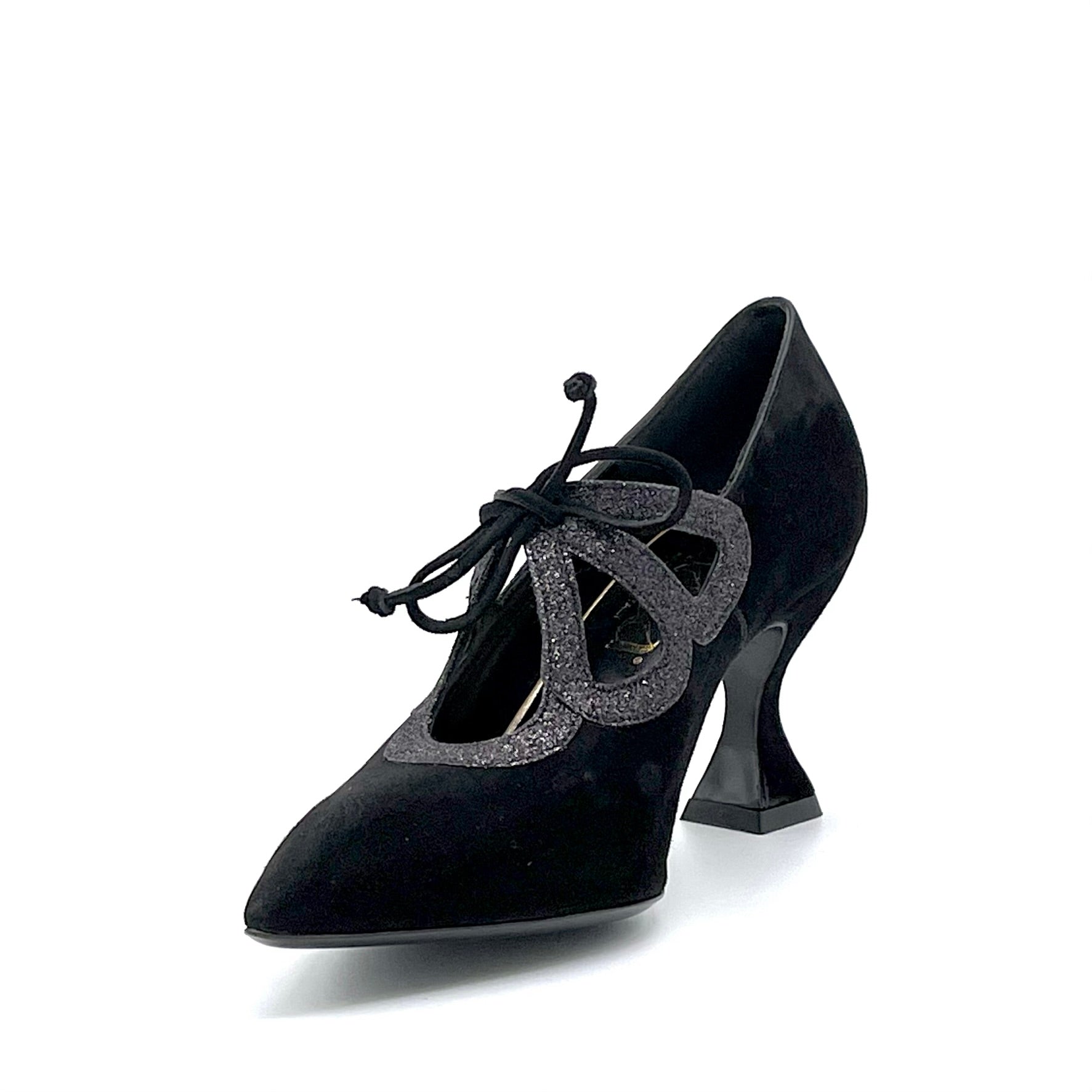 Black suede and glitter pump with black suede ribbon – Cod. 53516