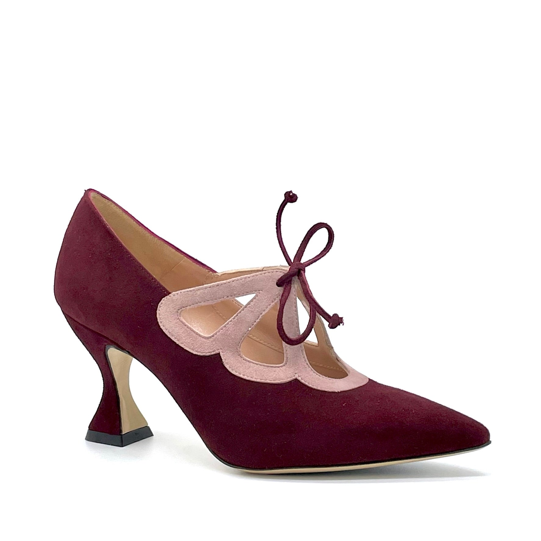 Scarpa accollata in camoscio bordeaux e rosa con nastro in camoscio – Cod. 53516_1