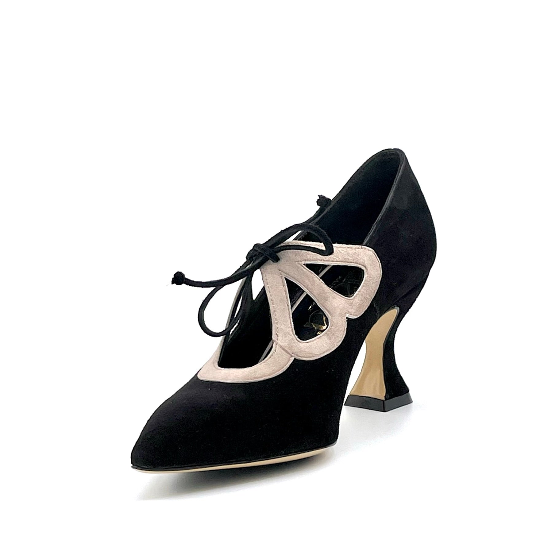 Scarpa accollata in camoscio nero e crema con nastro in camoscio – Cod. 53516_2