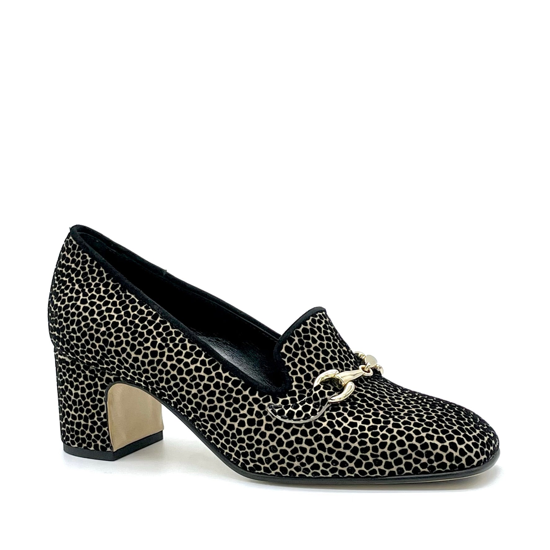 Beige and black printed suede moccassin with golden clamp – Cod. 53527