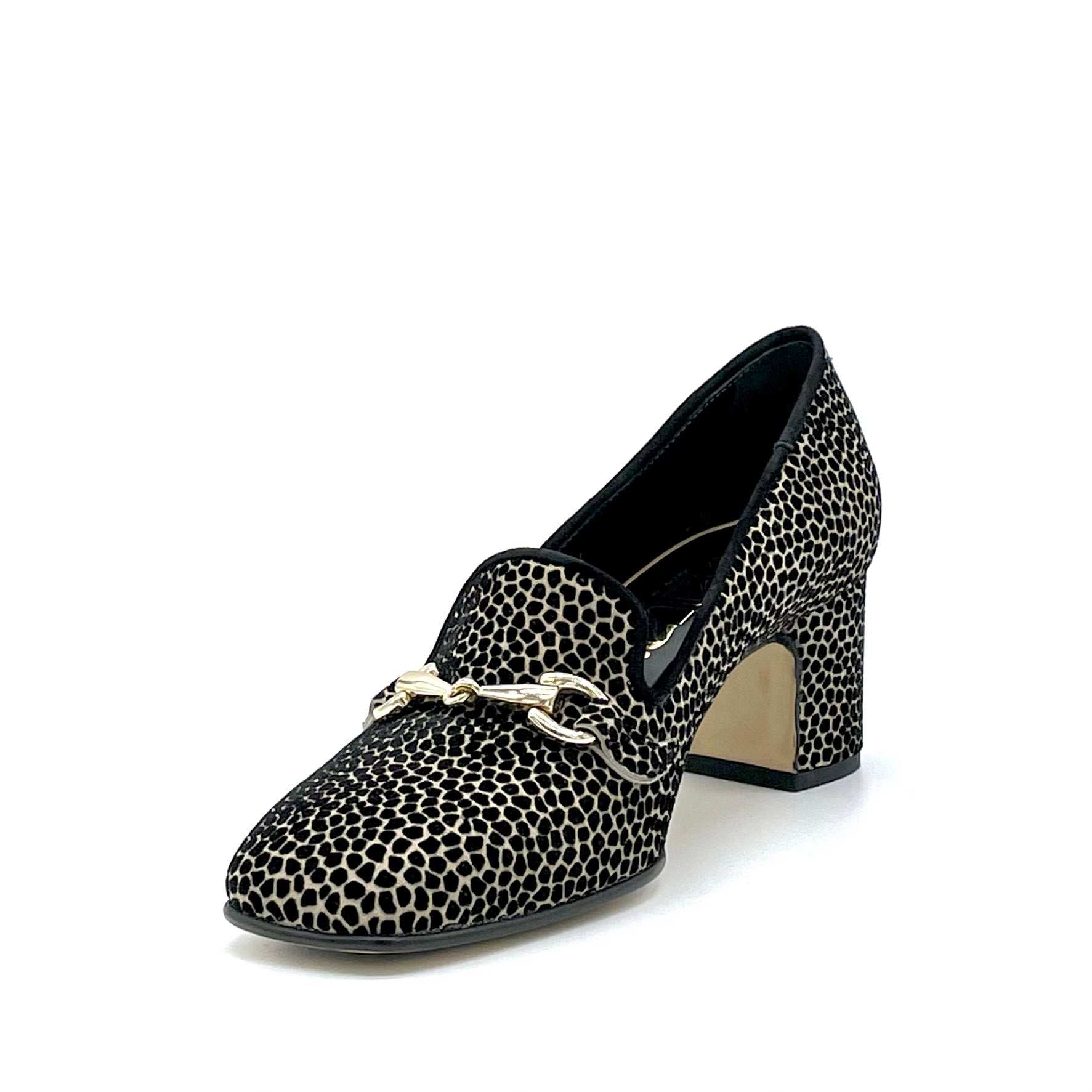 Mocassino in camoscio stampato beige e nero con morsetto dorato – Cod. 53527