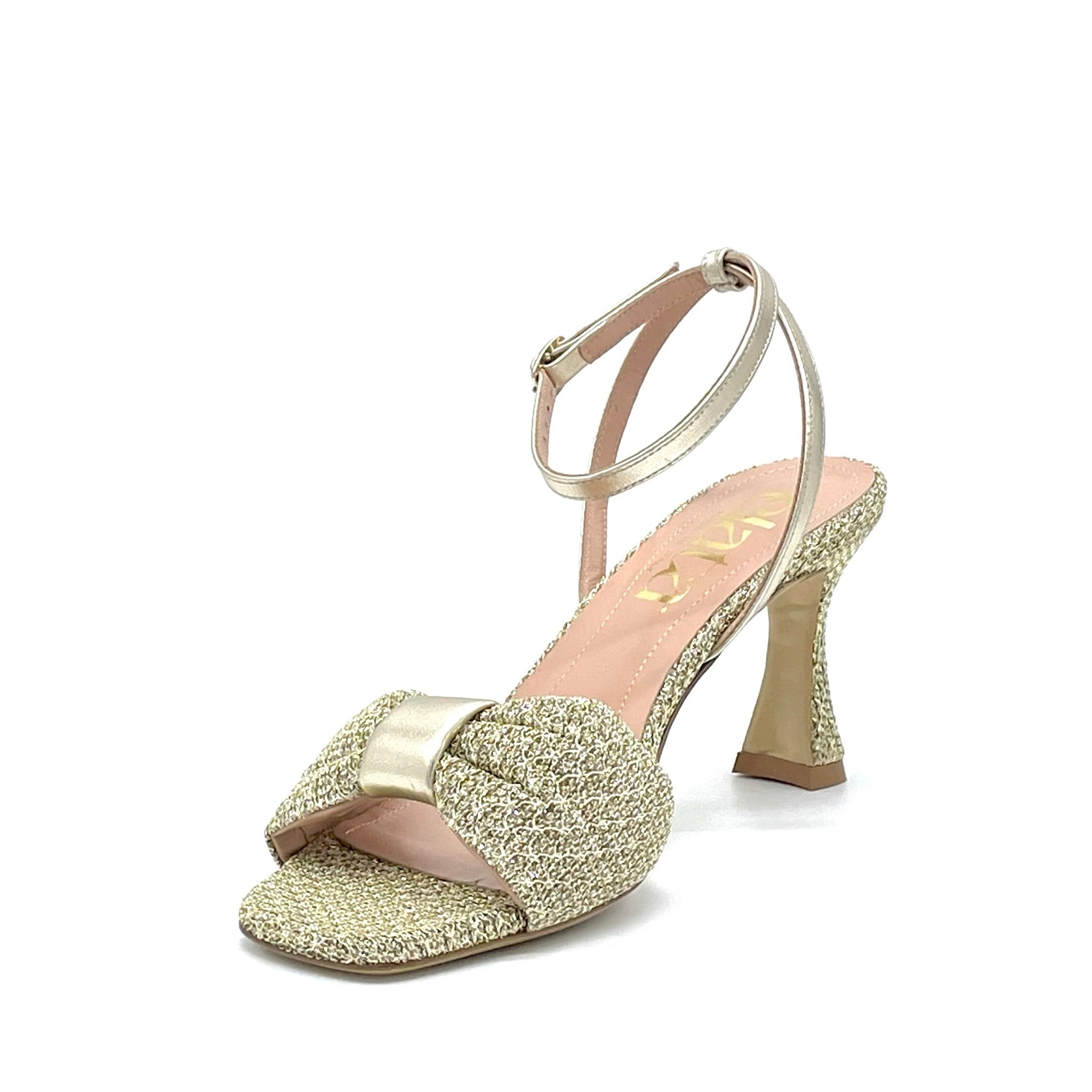 Sandalo in tessuto e pelle laminata oro – Cod. 14117