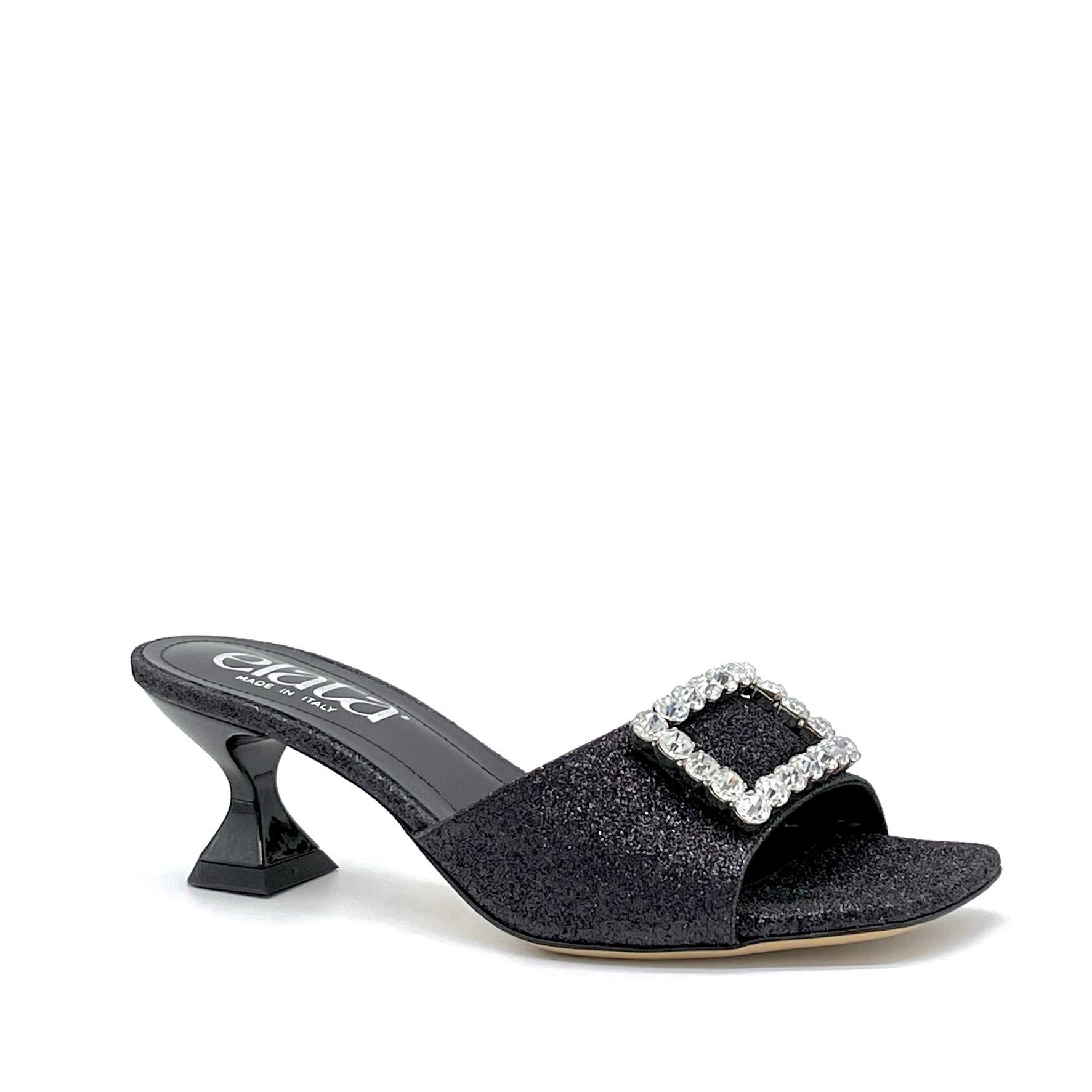 Mule in tessuto glitter nero e fibbia gioiello – Cod. 14127