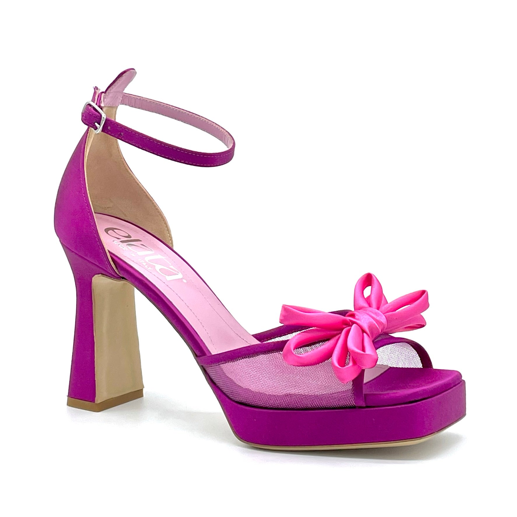 Sandalo in raso di seta color ciclamino e fiocco in raso fucsia – Cod. 14119