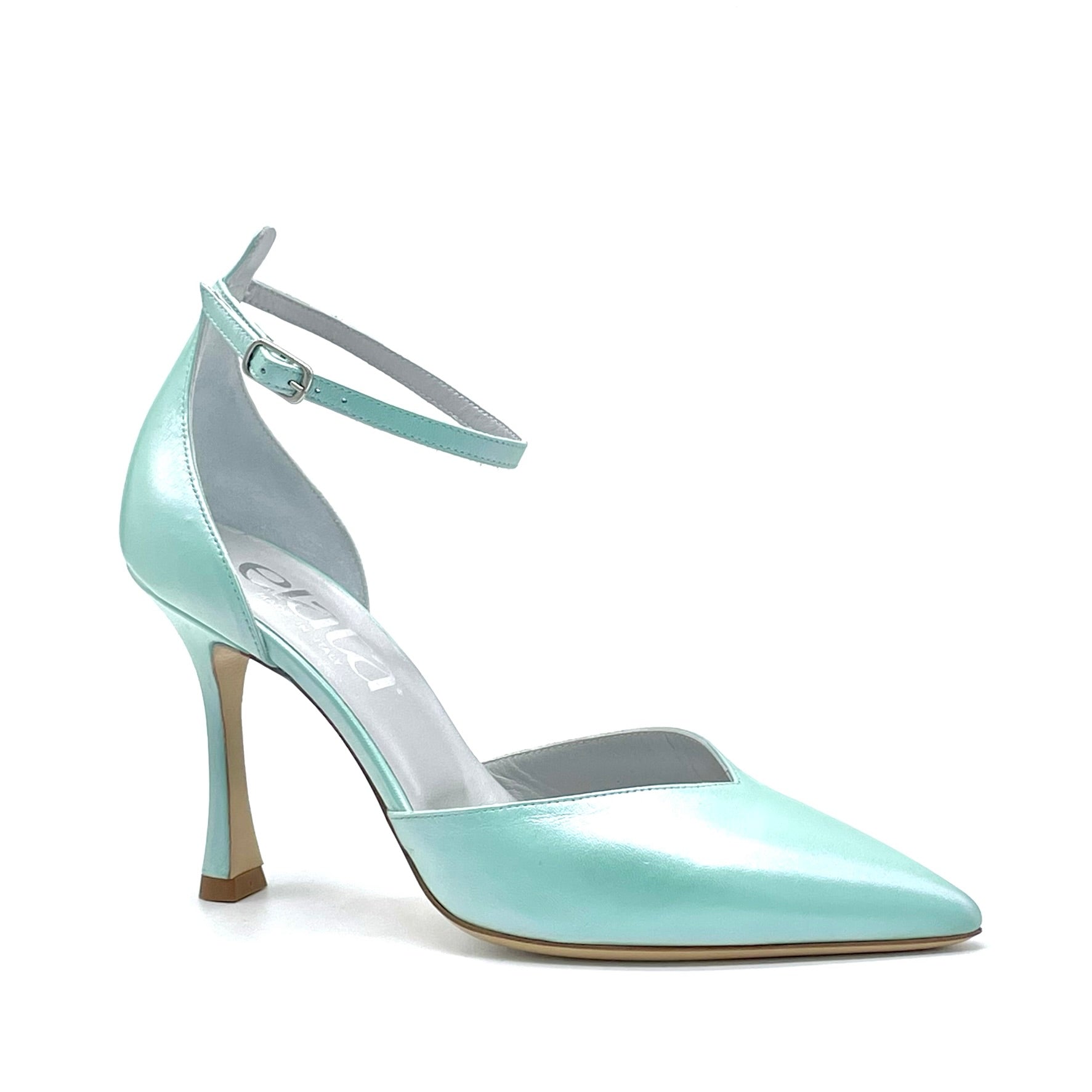 Iridescent mint colored leather D’orsay with ankle strap  – Cod. 14133