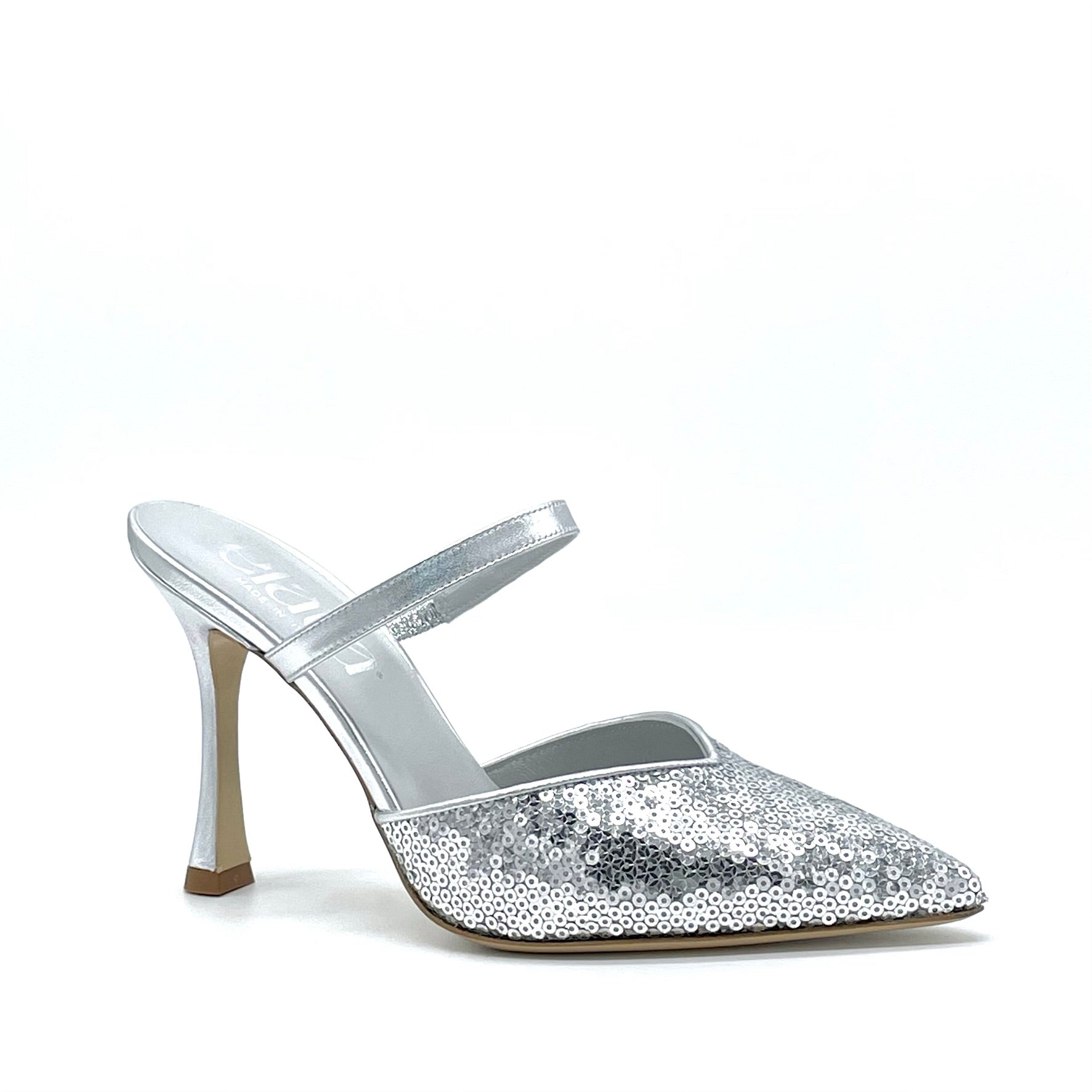 Sabot in pelle e tessuto di paillettes argento – Cod. 14137