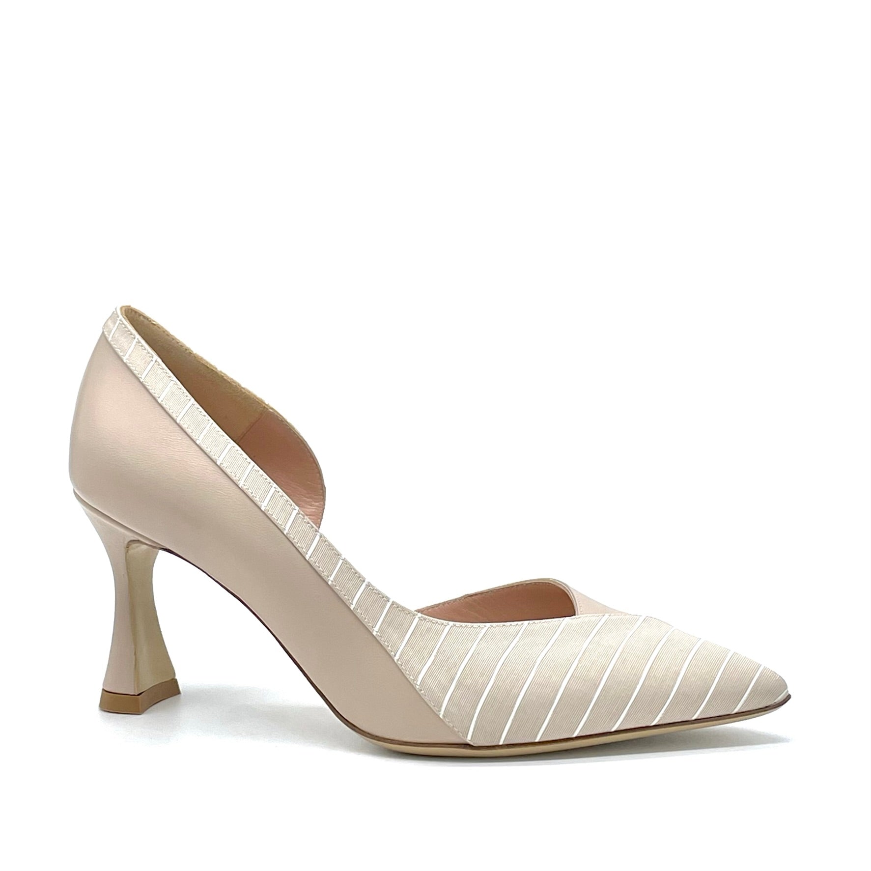 Beige leather and striped fabric décolleté with internal opening – Cod. 14140-1