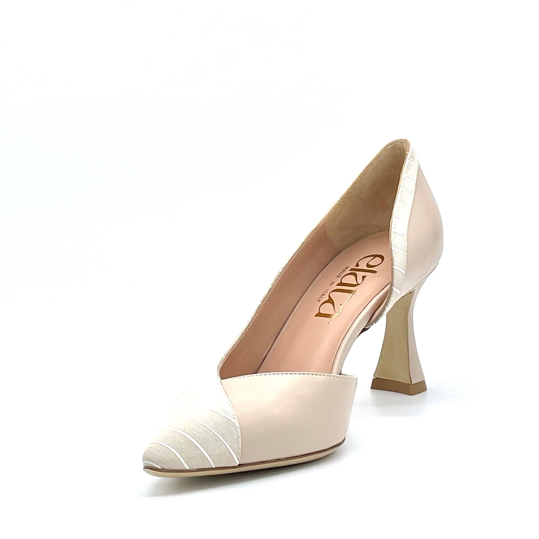 Beige leather and striped fabric décolleté with internal opening – Cod. 14140-1