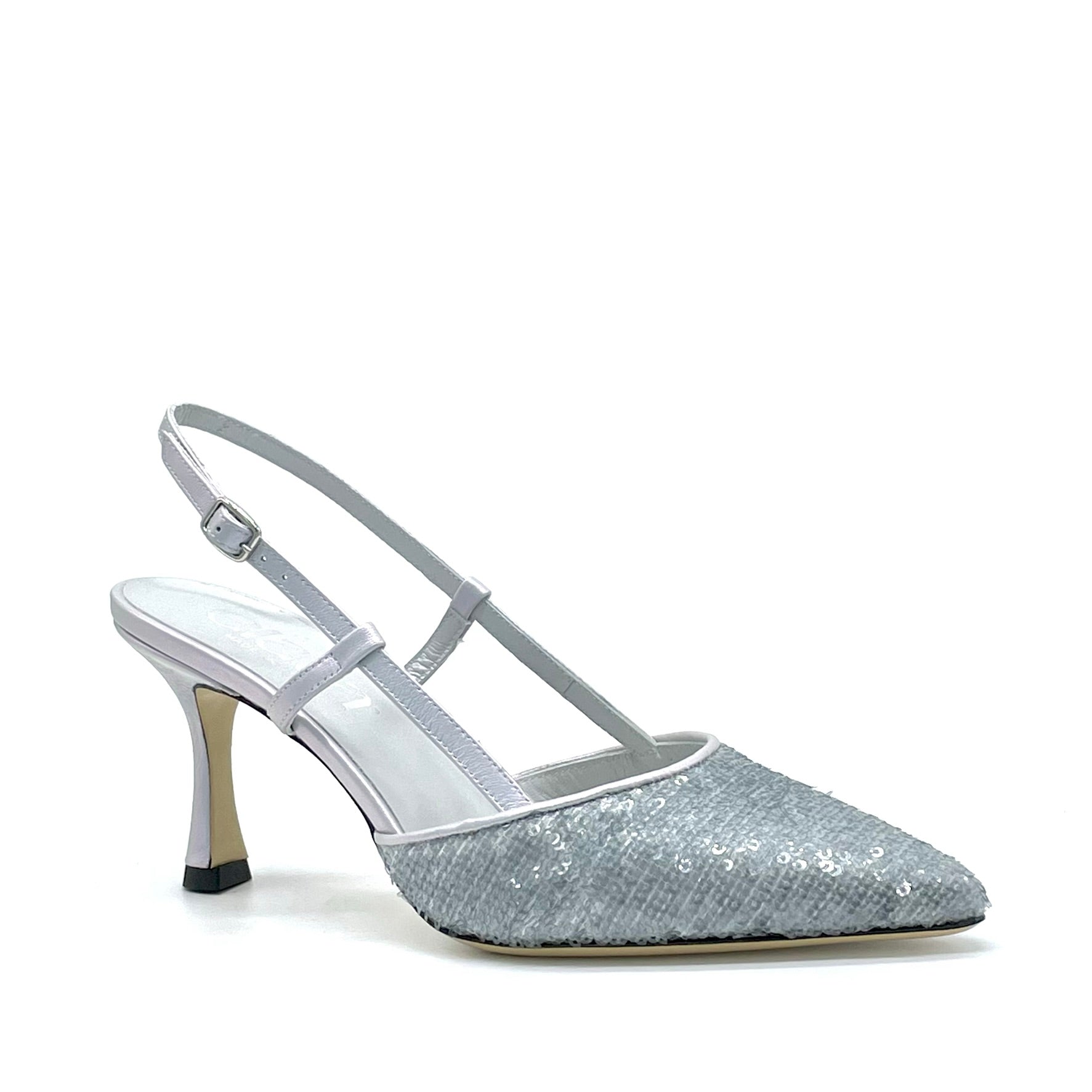 Slingback in pelle laminata e tessuto di paillettes argento – Cod. 14142