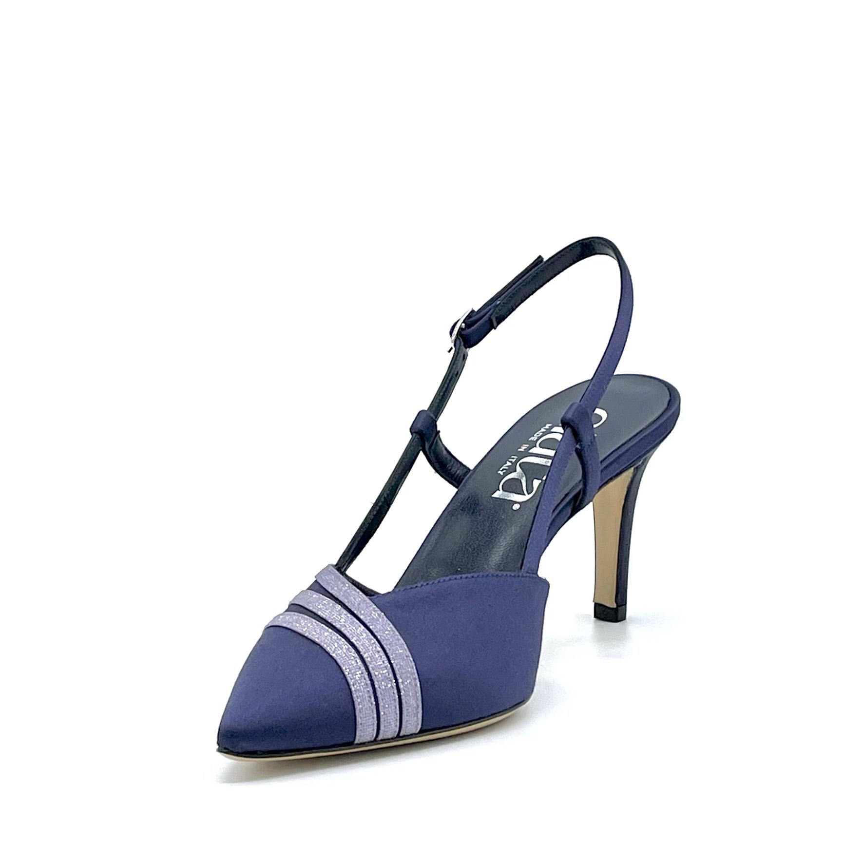 Slingback in raso di seta blu e inserti glitter glicine – Cod. 14143