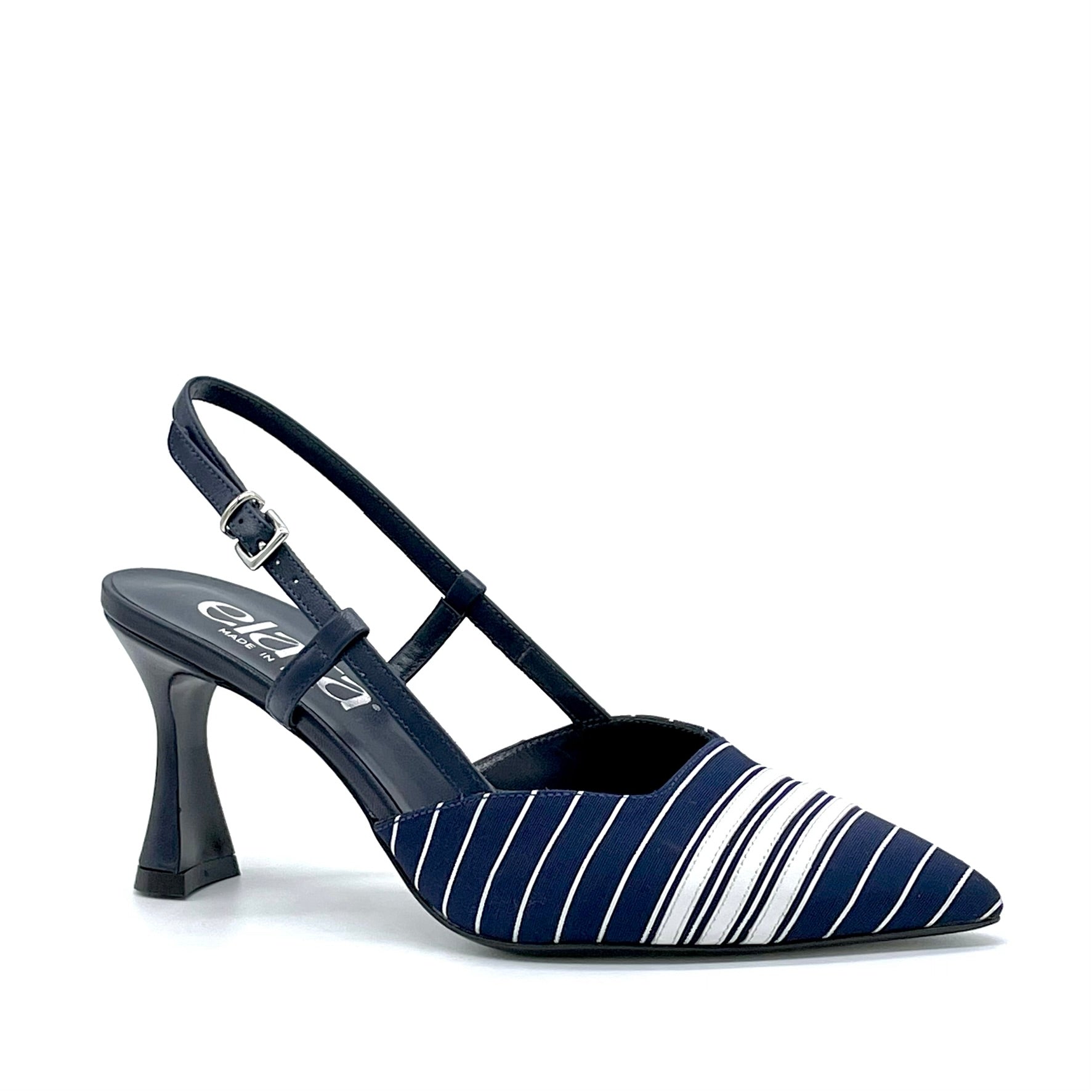 Blue and white striped fabric slingback with white leather insert – Cod. 14144
