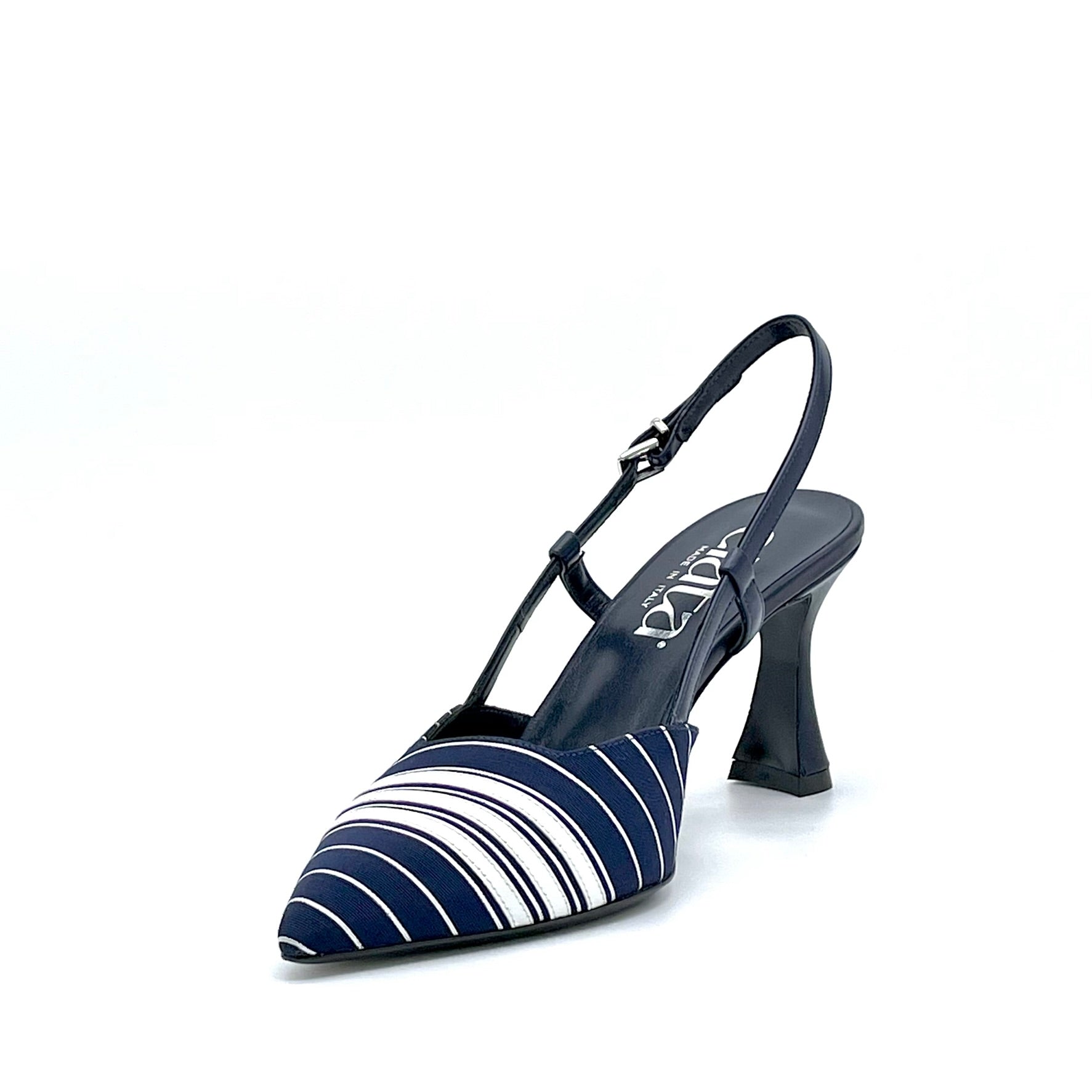 Slingback in tessuto a strisce bianche e blu e inserti in pelle bianca – Cod. 14144