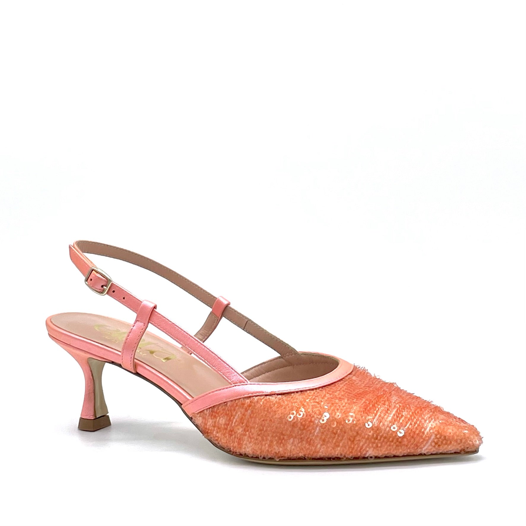 Orange iridescent leather and paillettes fabric slingback – Cod. 14146