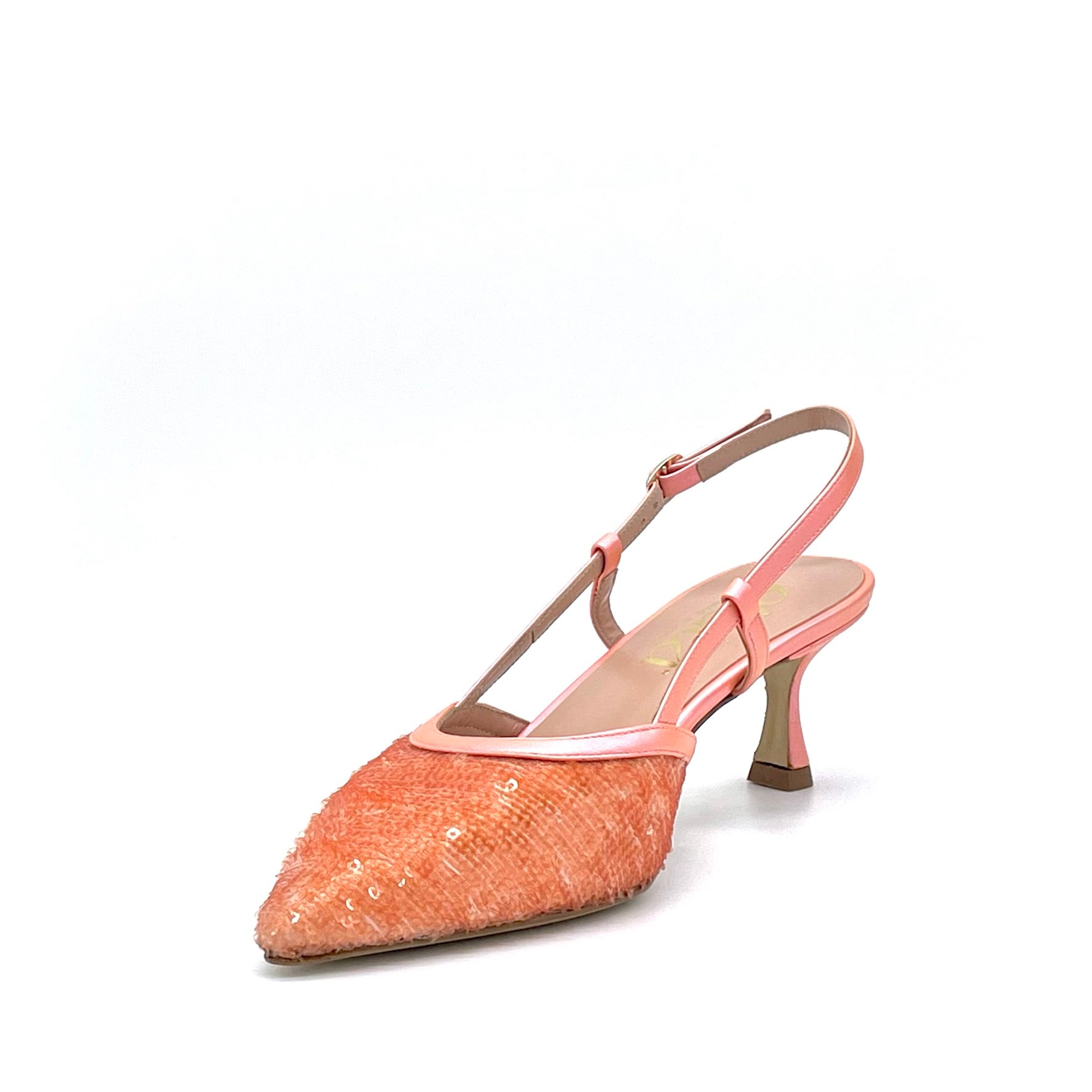 Slingback in pelle cangiante e tessuto di paillettes arancione – Cod. 14146