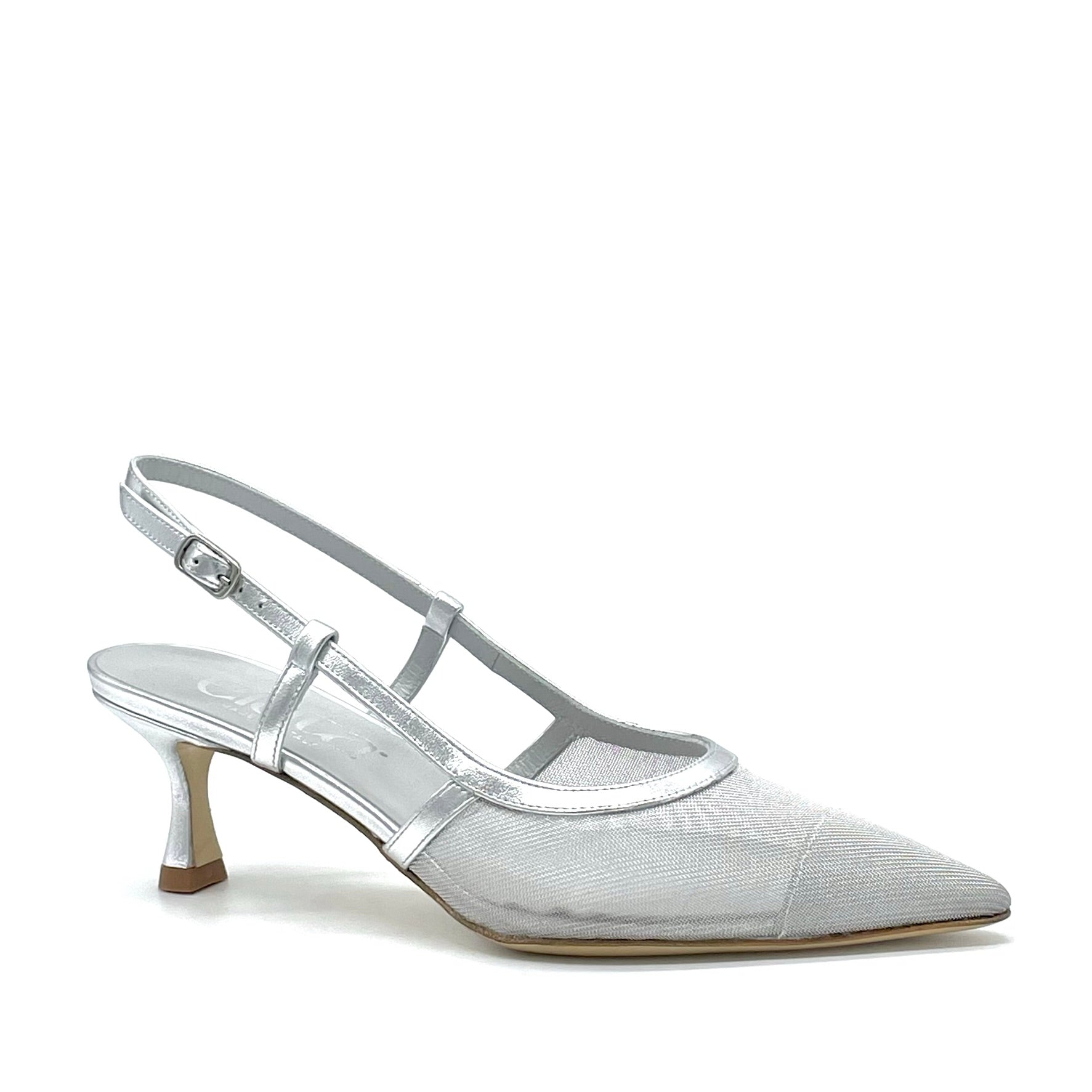 Slingback in pelle laminata e rete argento – Cod. 14148