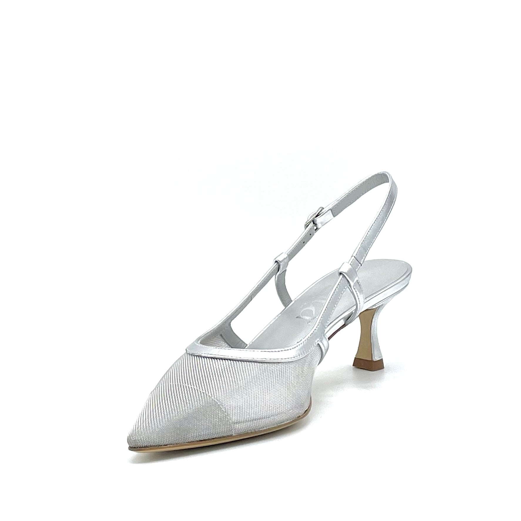 Slingback in pelle laminata e rete argento – Cod. 14148
