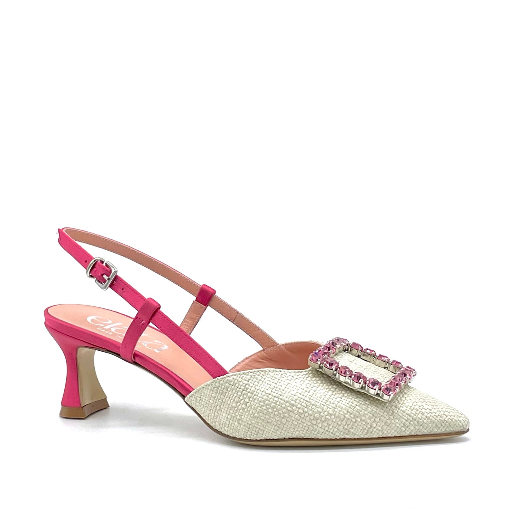 Slinback in rafia beige e raso di seta azalea con fibbia gioiello – Cod. 14149