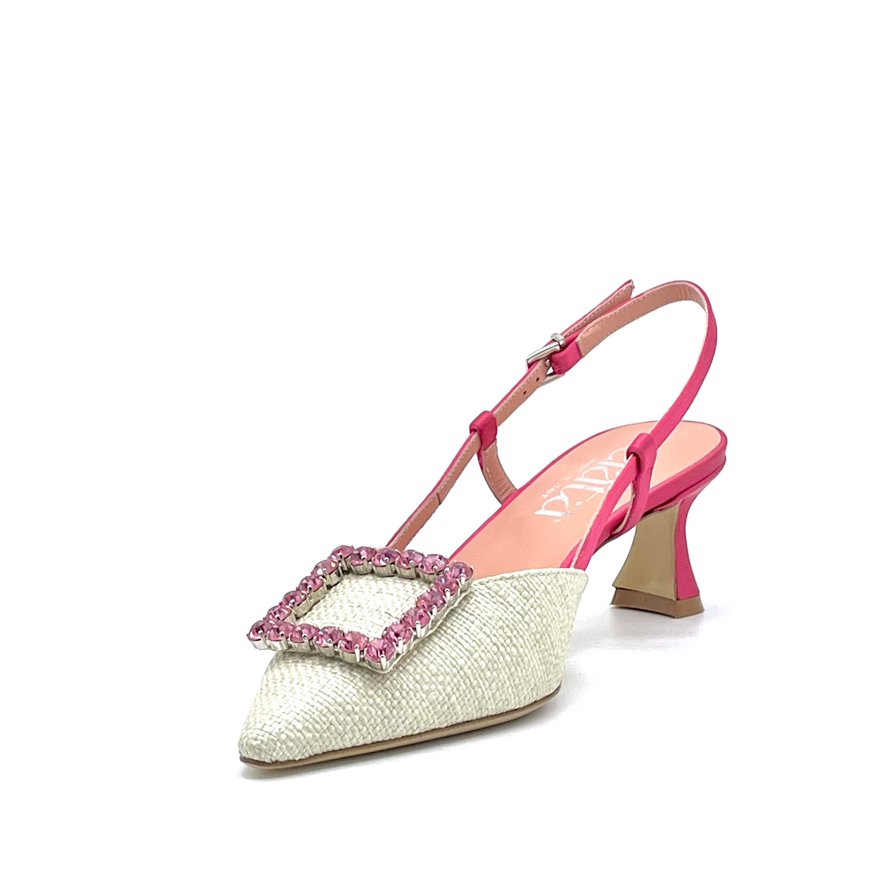 Slinback in rafia beige e raso di seta azalea con fibbia gioiello – Cod. 14149