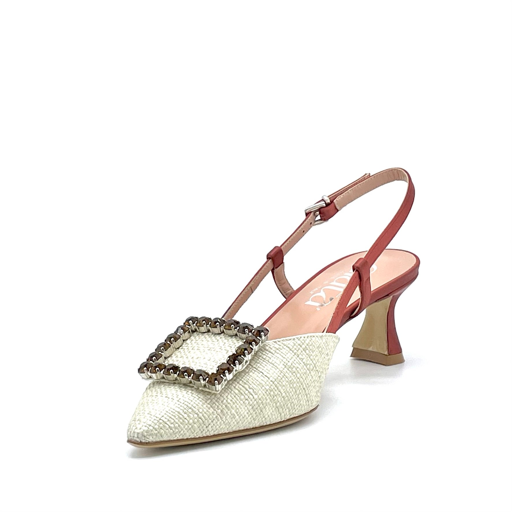 Slingback in rafia beige e raso di seta bronzo con fibbia gioiello – Cod. 14149-1