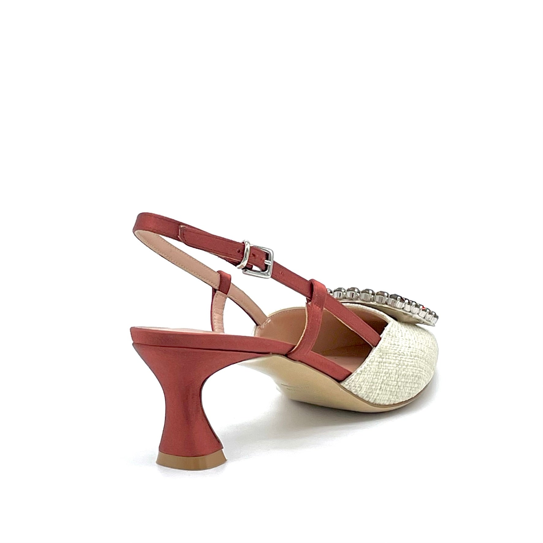 Slingback in rafia beige e raso di seta bronzo con fibbia gioiello – Cod. 14149-1