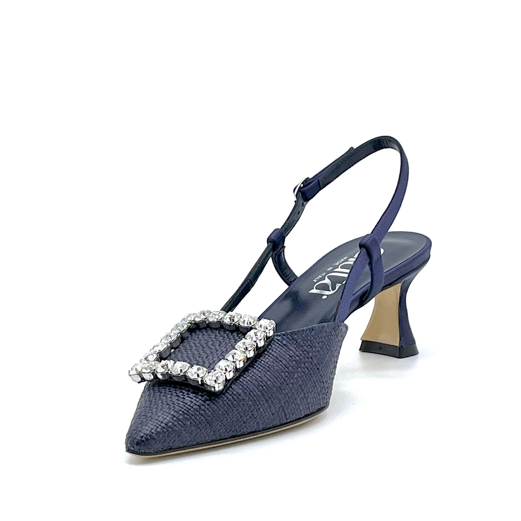Slingback in rafia e raso di seta blu con fibbia gioiello – Cod. 14149-2