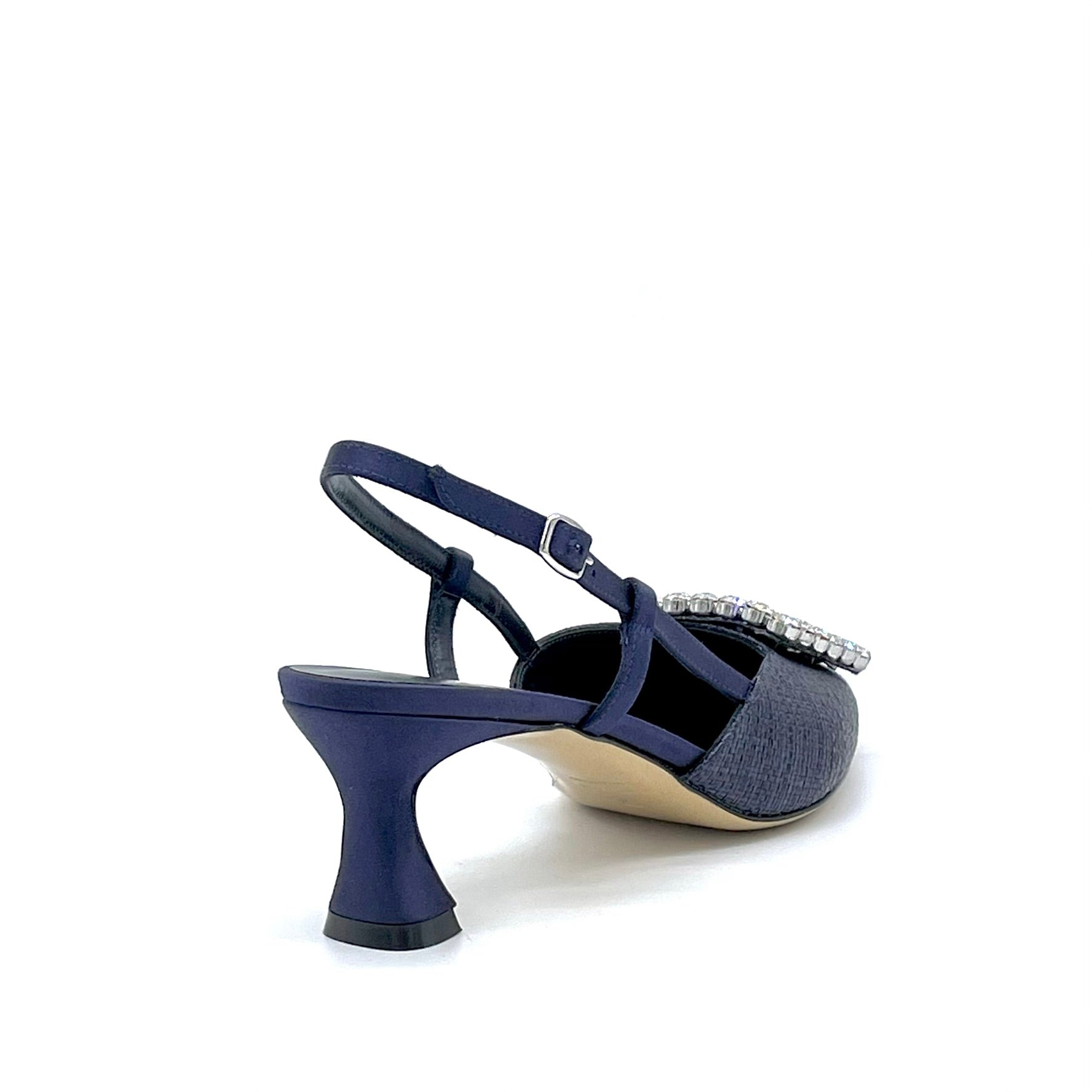 Slingback in rafia e raso di seta blu con fibbia gioiello – Cod. 14149-2