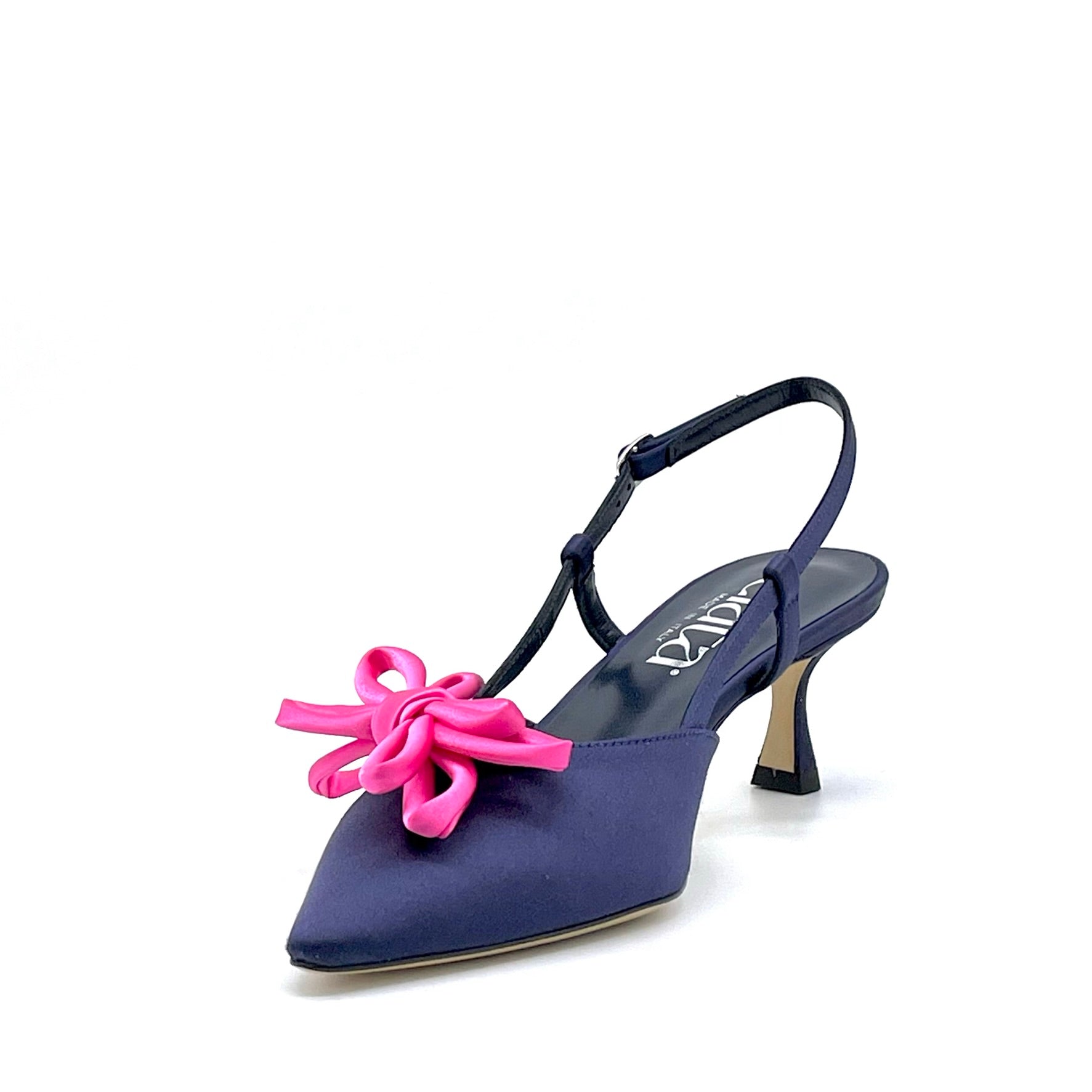 Blue silk slingback with fuchsia silk bow – Cod. 14151