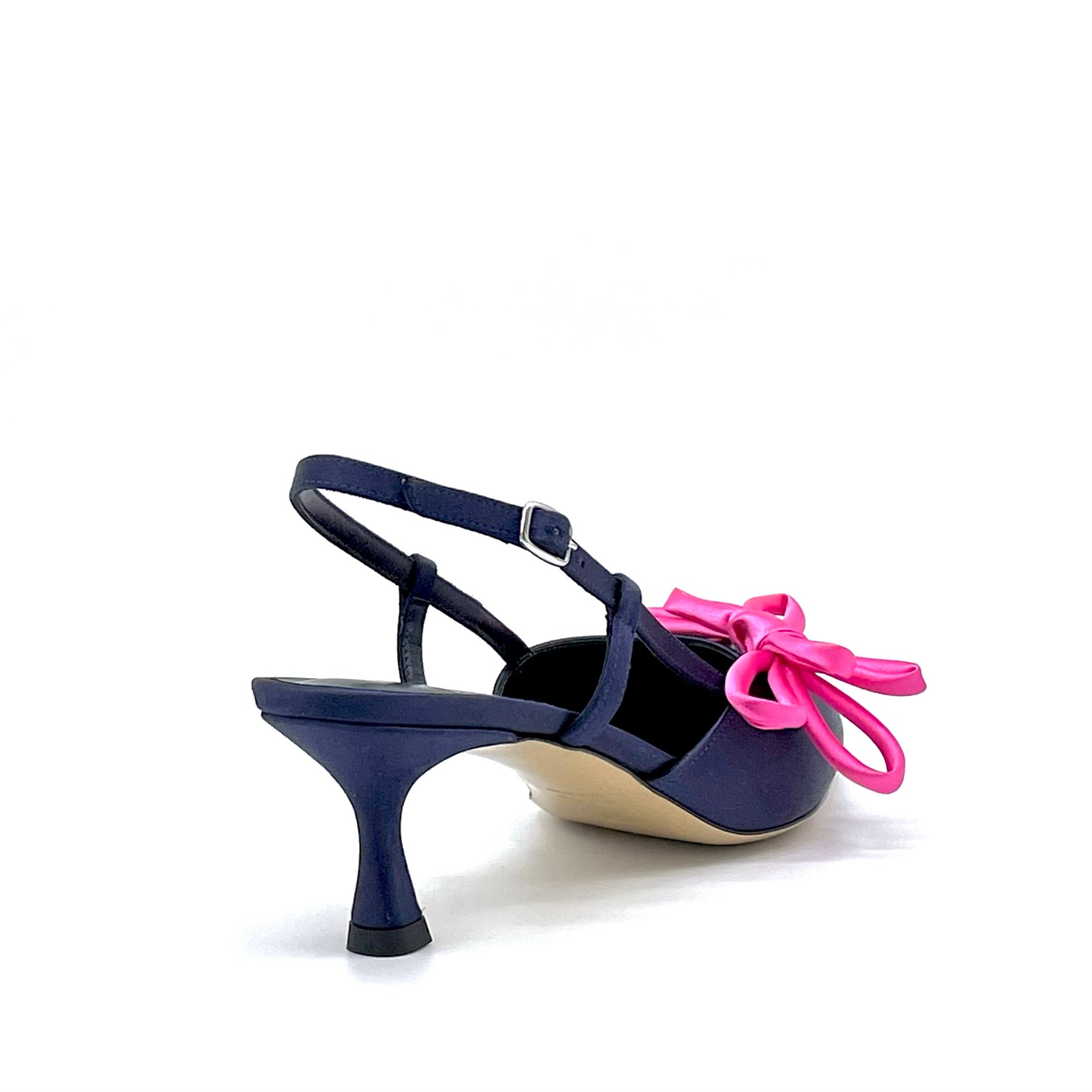 Slingback in raso di seta blu e fiocco in raso fucsia – Cod. 14151