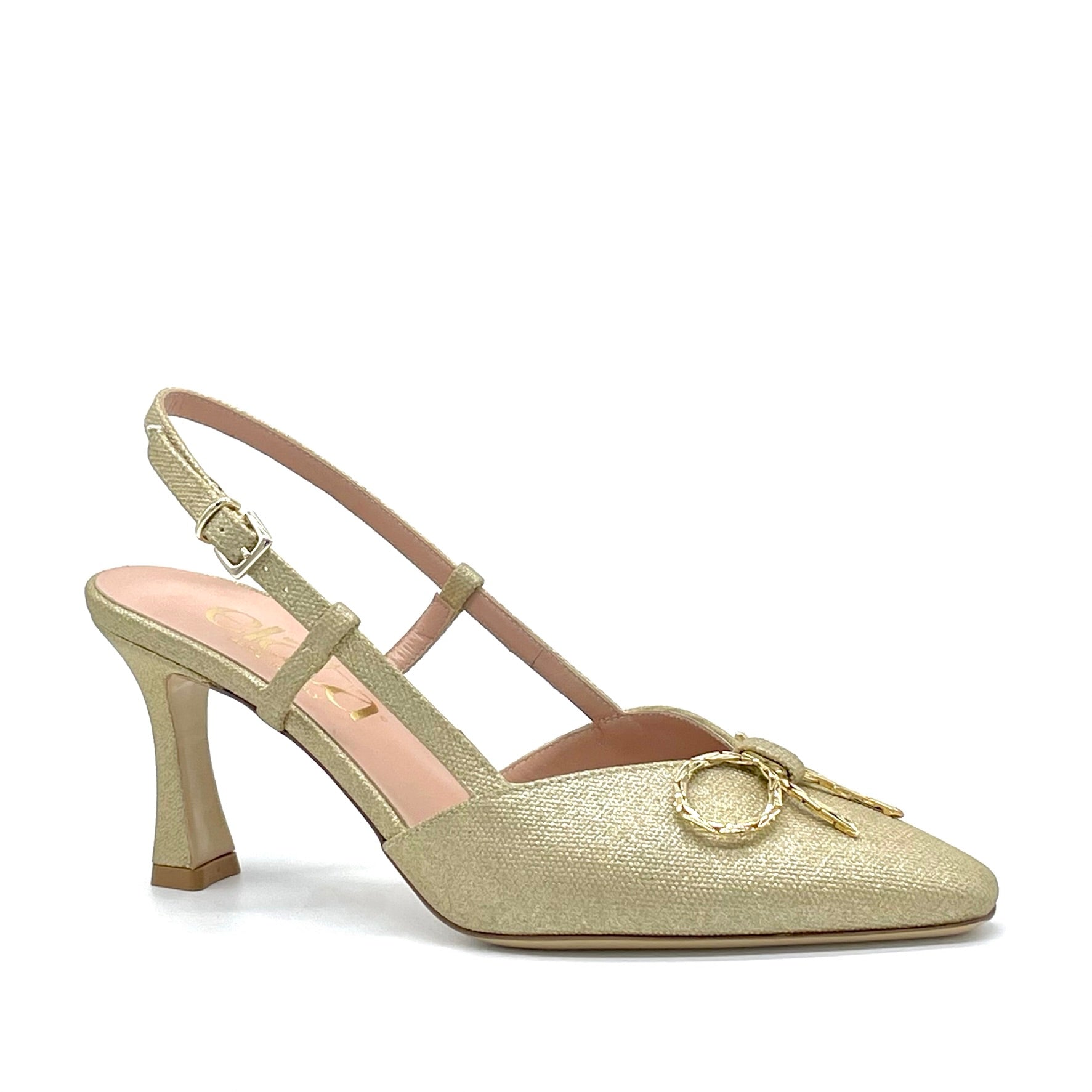 Gold laminate fabric slingback with gold metal bow accessory – Cod. 14154