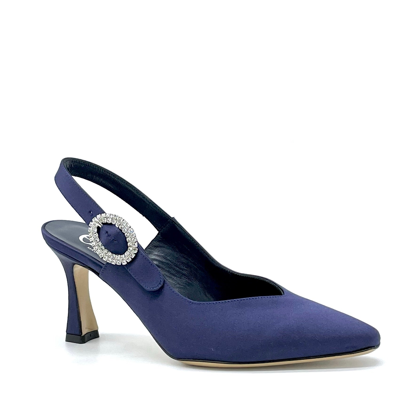 Slingback in raso di seta blu e fibbia gioiello – Cod. 14156
